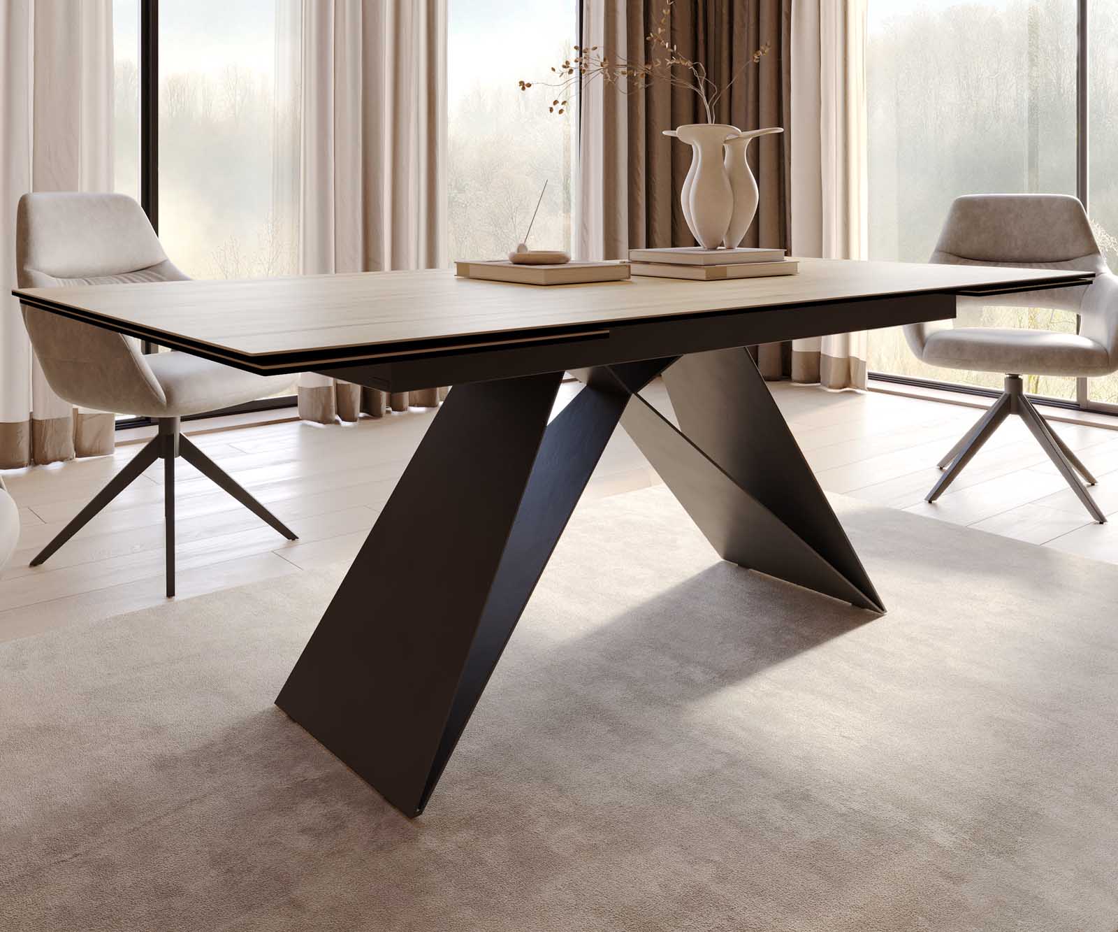 Eetkamertafel Edge 200-300x100 keramiek Laminam® Sabbia eiken kleur V-frame vlak staal zwart uitschuifbaar 5