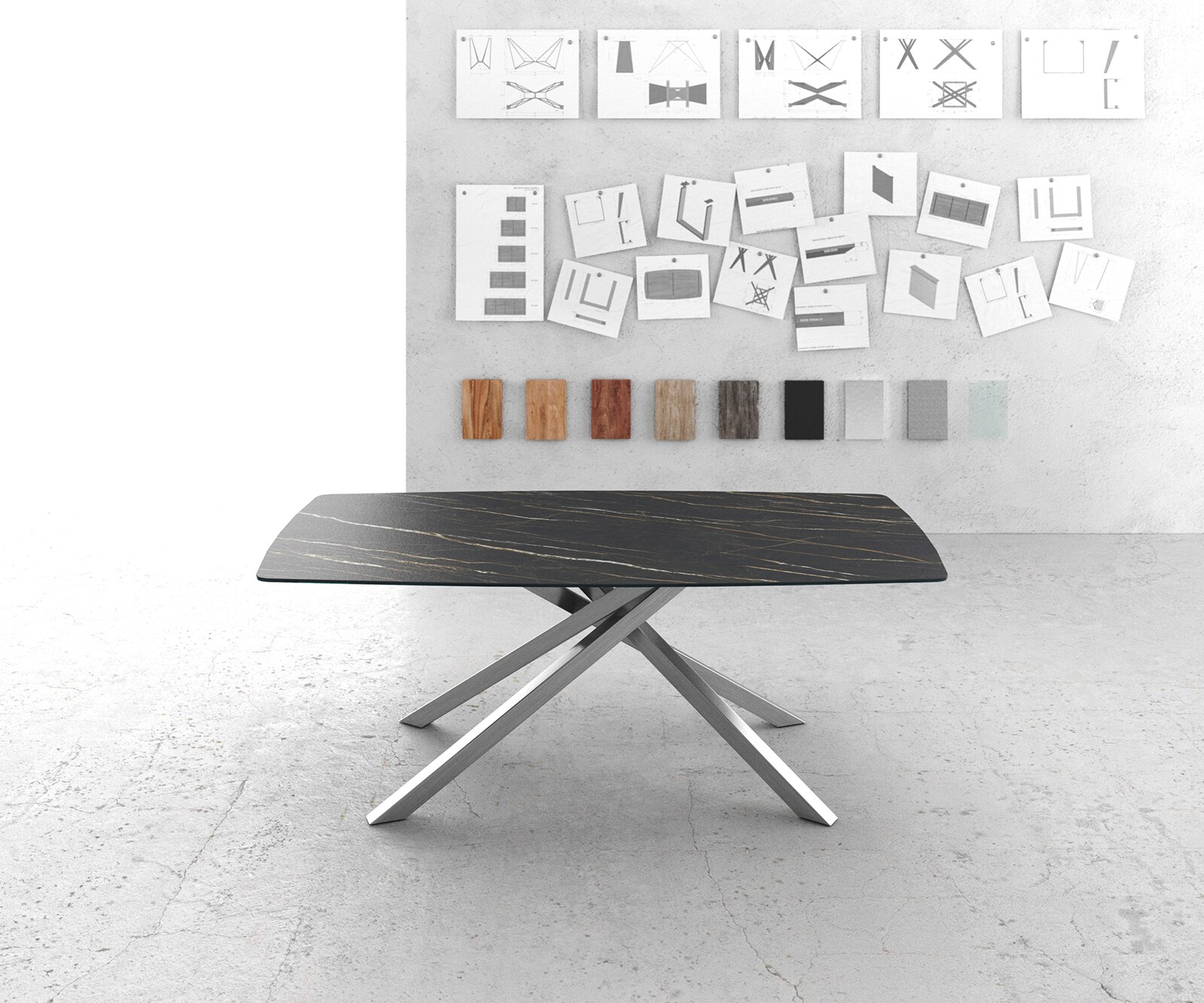 Eettafel Edge Bootsform 200x100cm Laminam® keramiek bruin middenpoot kruis zilver 1