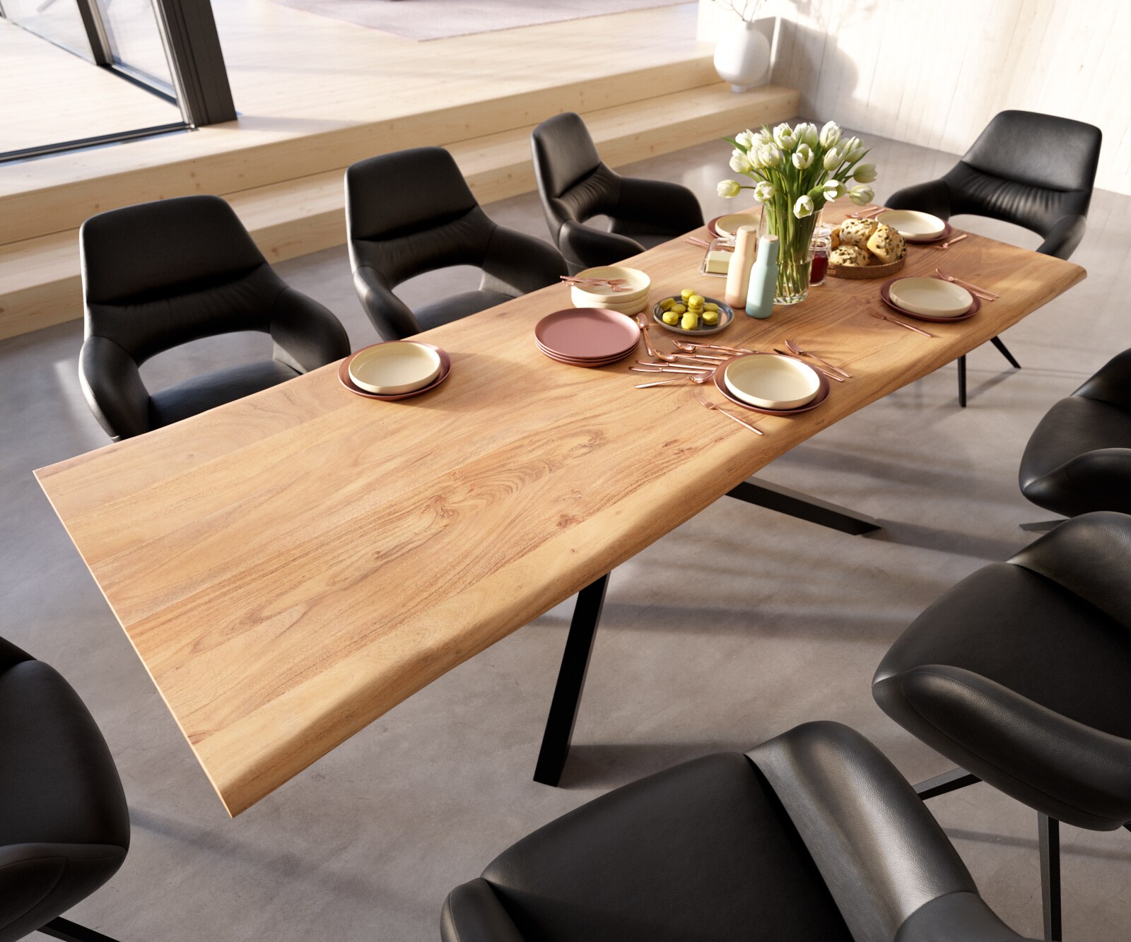 Eettafel Edge 260x100 acacia natuur Kreuzframe rechthoek zwart Live-Edge 3