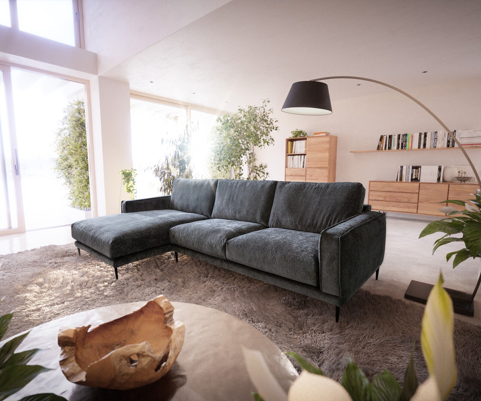 Hoekbank Sottil 290 x 165cm Chenille grijs recamiere links