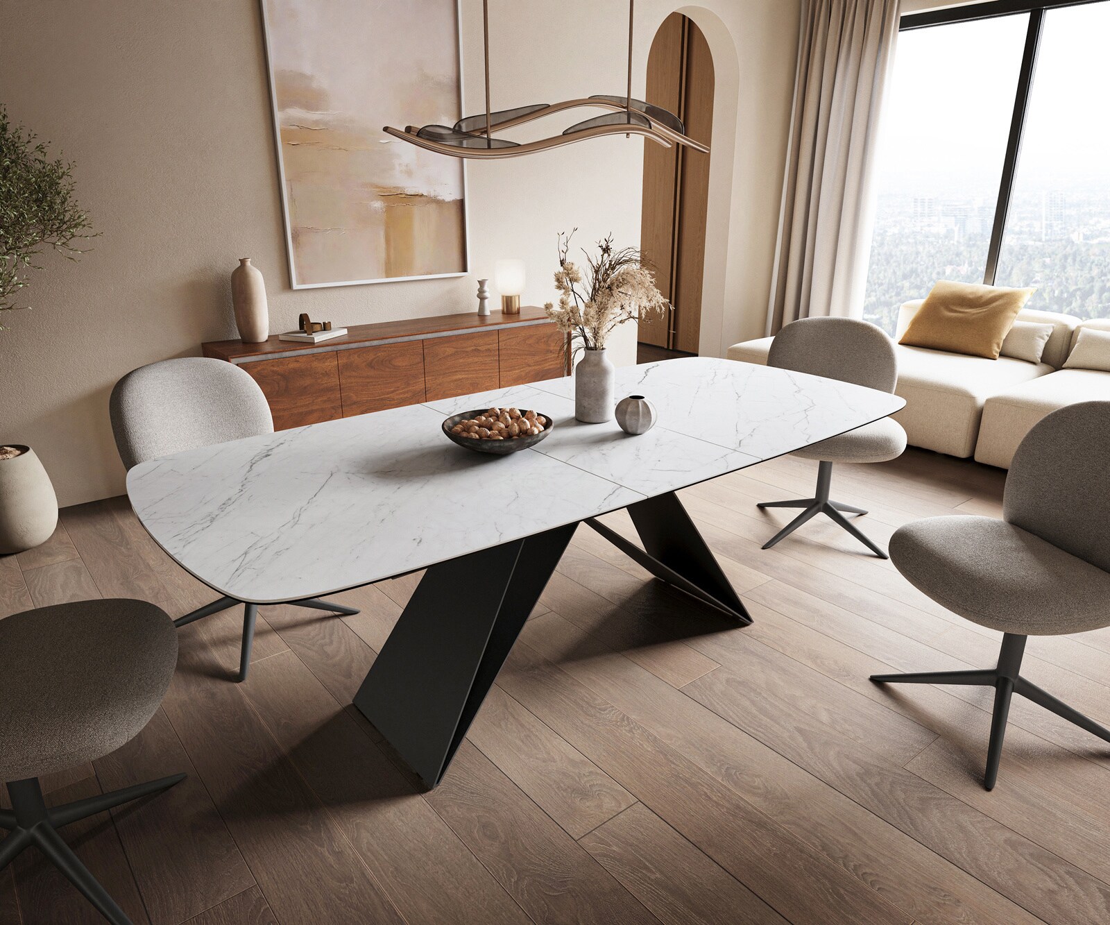 Eettafel Edge Boot 180-220x100 cm Keramiek Laminam® Statuarietto Wit V-onderstel Flachstahl Zwart uitschuifbaar 1