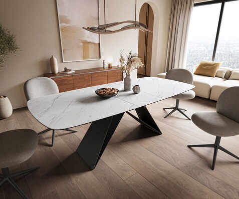 Eettafel Edge Boot 180-220x100 cm Keramiek Laminam® Statuarietto Wit V-onderstel Flachstahl Zwart uitschuifbaar