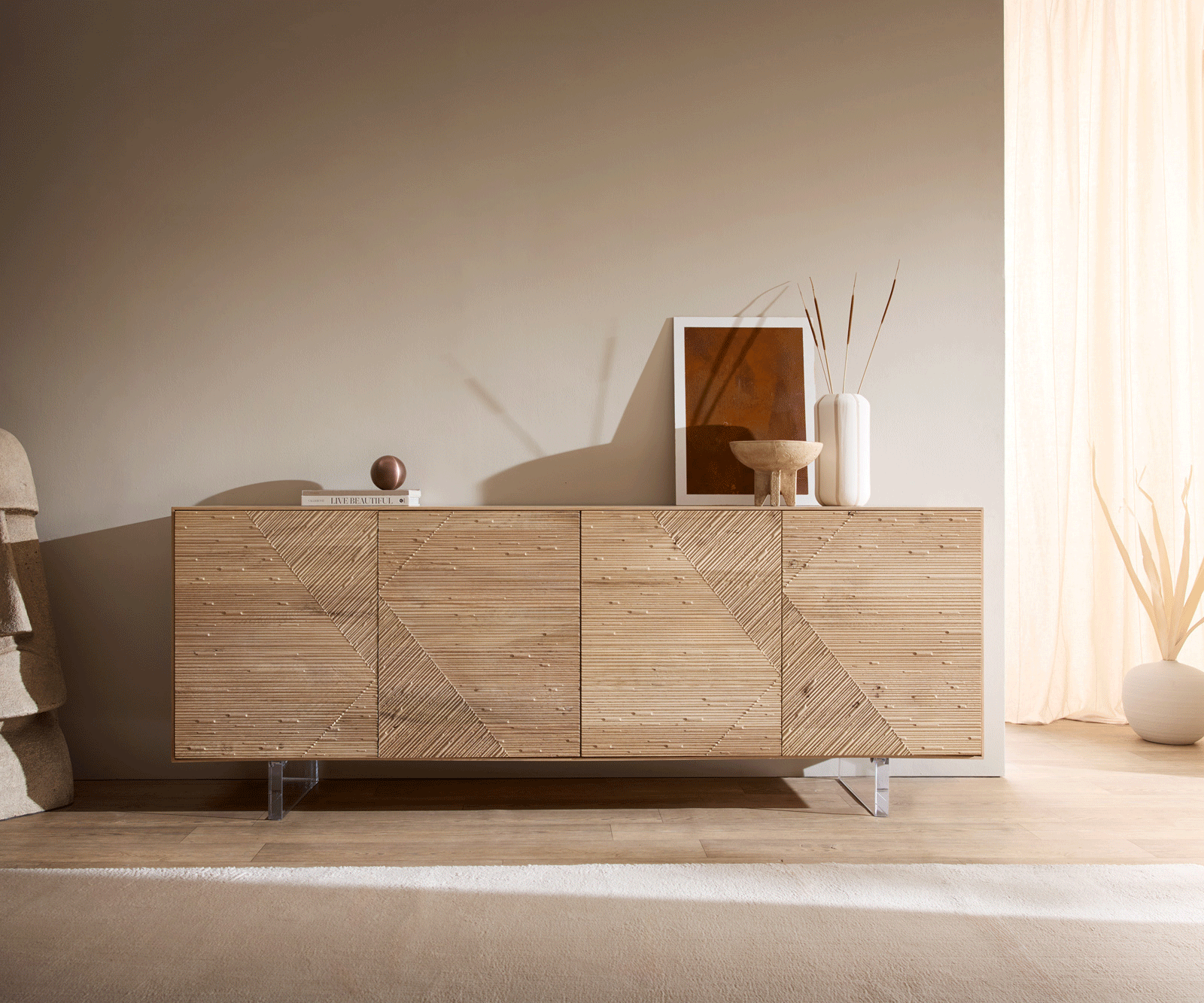 Dressoir Tereos 200 cm eiken natuur 3D-effect 4 deuren poot zwevende look acrylglas 6