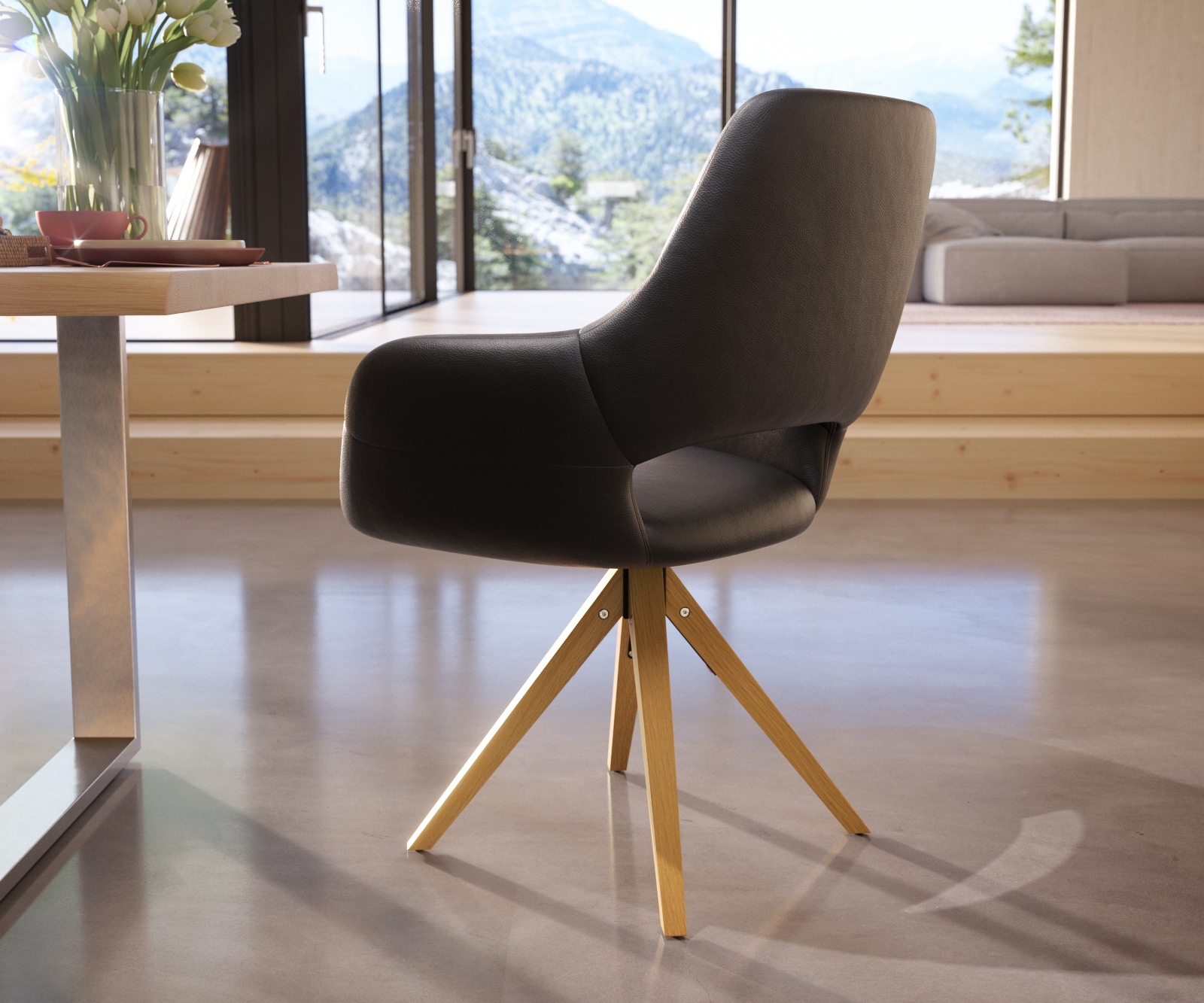 Eetkamerstoel Yago-Flex met armleuning echt leer zwart houten frame hoekig natuur pocketveer kern 4 Eetkamerstoel Yago-Flex met armleuning echt leer zwart houten frame hoekig natuur pocketveer kern 4