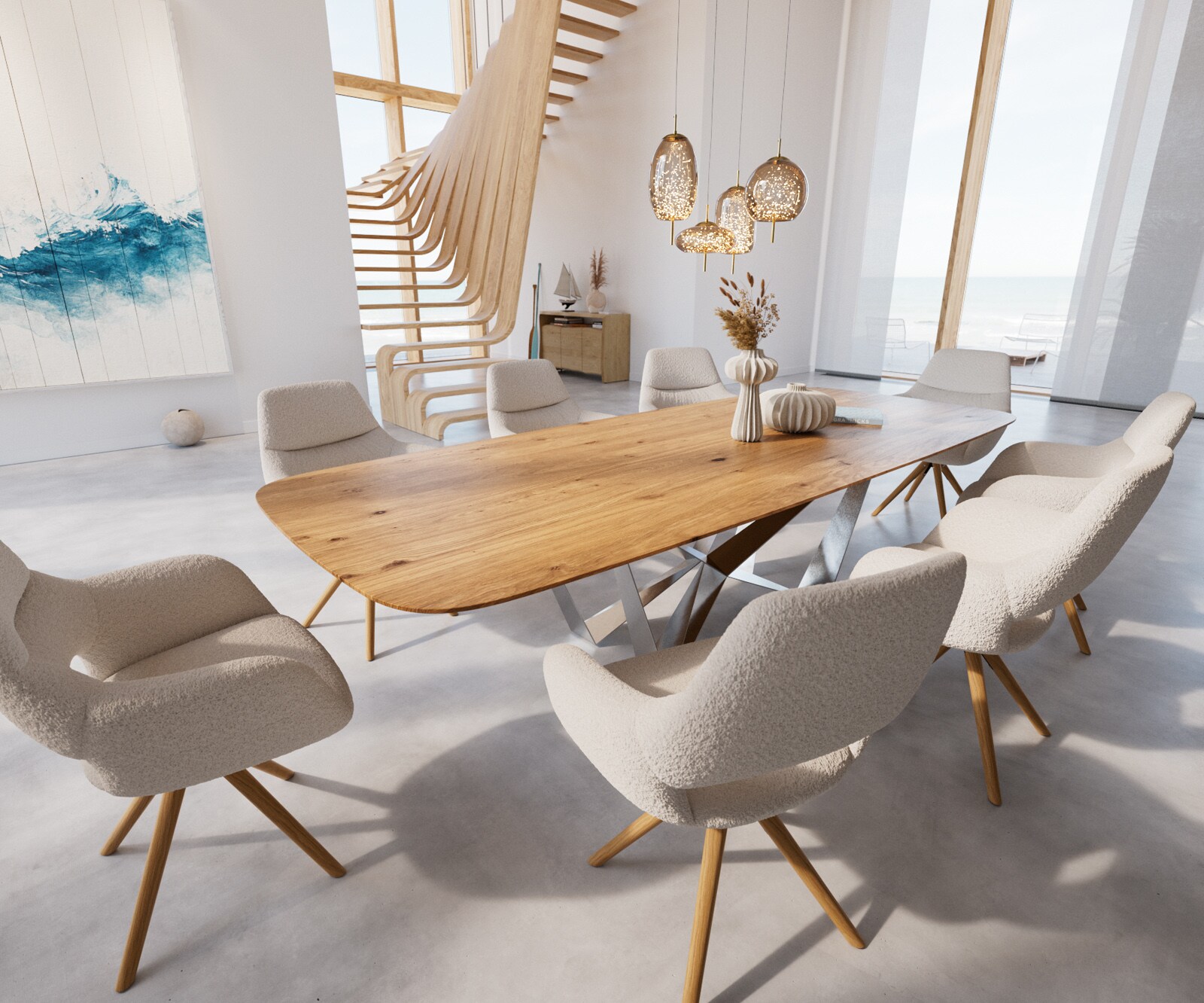 Eettafel Edge Boot 300x120x2,5-3 eiken natuur Spider staal  roestvrij staal  Schweizer Kante 6