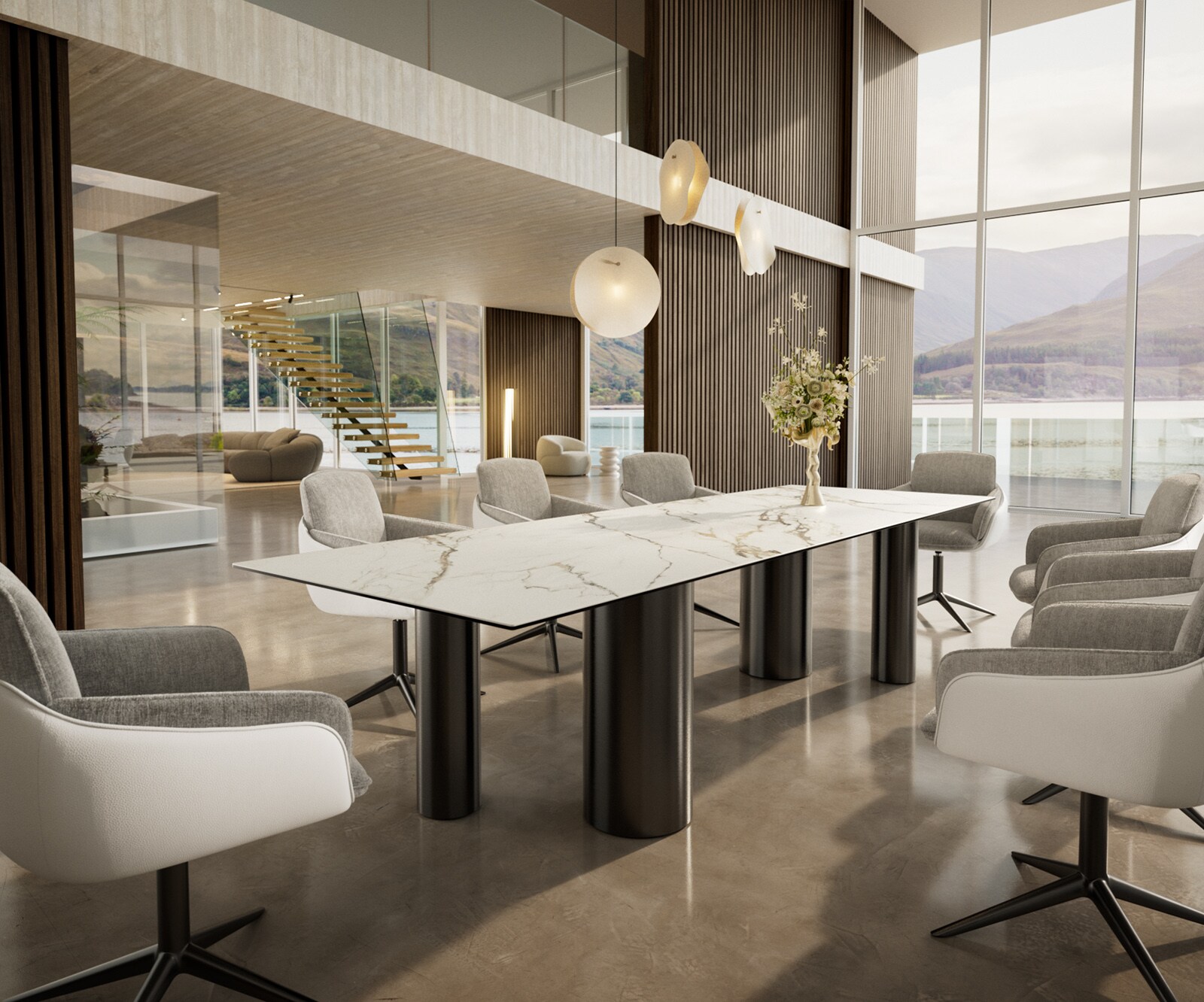 Eetkamertafel Edge 300x100 keramiek Calacatta Luxe wit-Gold-grijs Pilier roestvrij staal grafiet 6