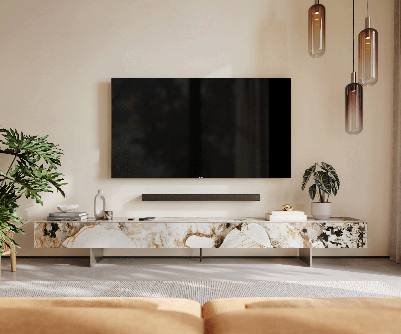 Tv-meubel Cuor 250 cm Keramiek Patagonia gepolijst 1 Flap 1 Laden Zwevende voet look Roestvrij staal 2