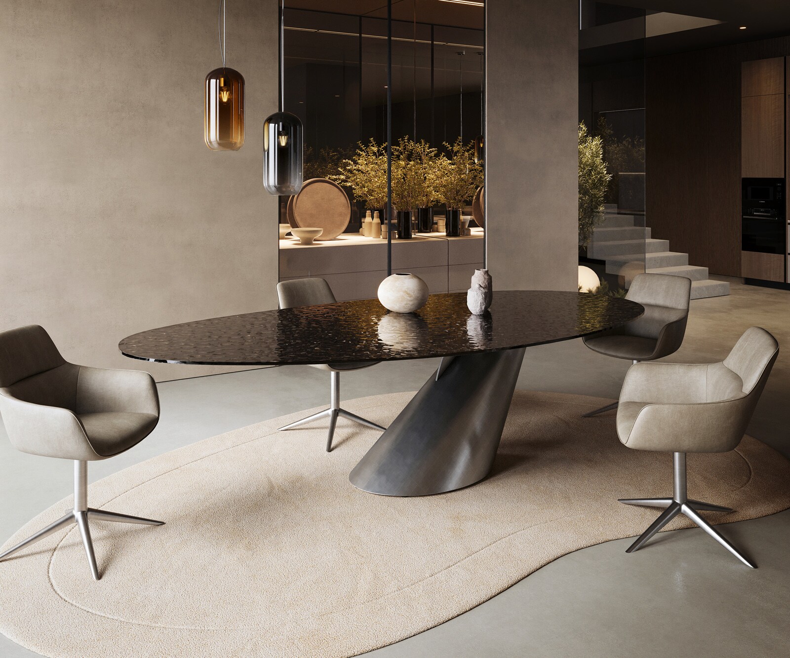 Eettafel Edge Oval 280x130 Reliefglas rookzwart 3D-Design Cono metaal zilver 4