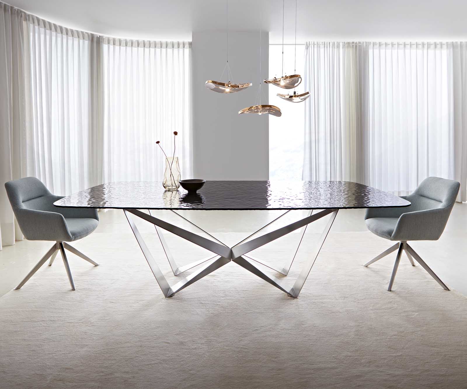 Eetkamertafel Edge Boot 240x120 Glas smelten rokerig zwart 3D-Relief spider vlak staal RVS 1