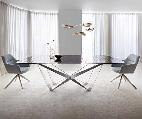 Eetkamertafel Edge Boot 240x120 Glas smelten rokerig zwart 3D-Relief spider vlak staal RVS