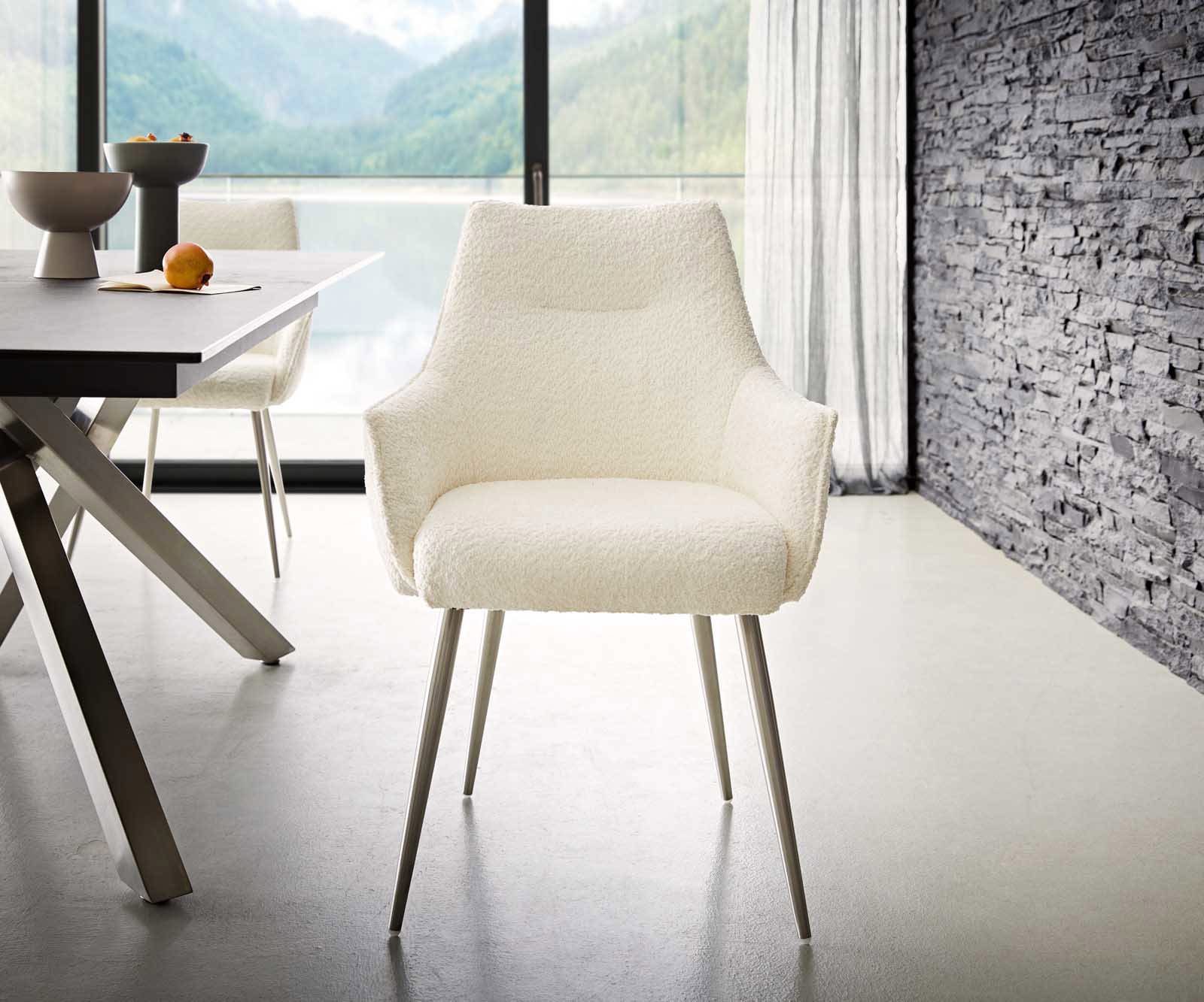 Eetkamerstoel Alja-Flex met armleuning bouclé wit 4-poot conisch roestvrij staal pocketveer kern 1 Eetkamerstoel Alja-Flex met armleuning bouclé wit 4-poot conisch roestvrij staal pocketveer kern 1