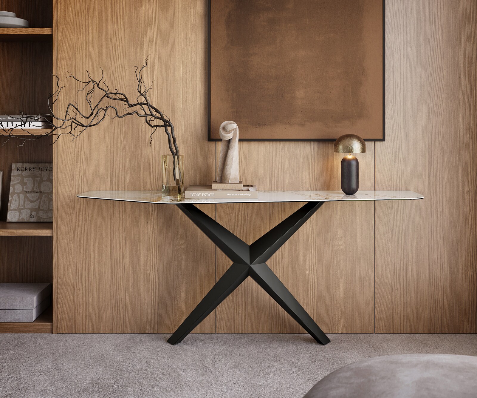 Consoletafel Edge Polygonaal 180x50 cm Keramiek Minas Melange Weiß-Beige Zentharo Metaal Zwart 4