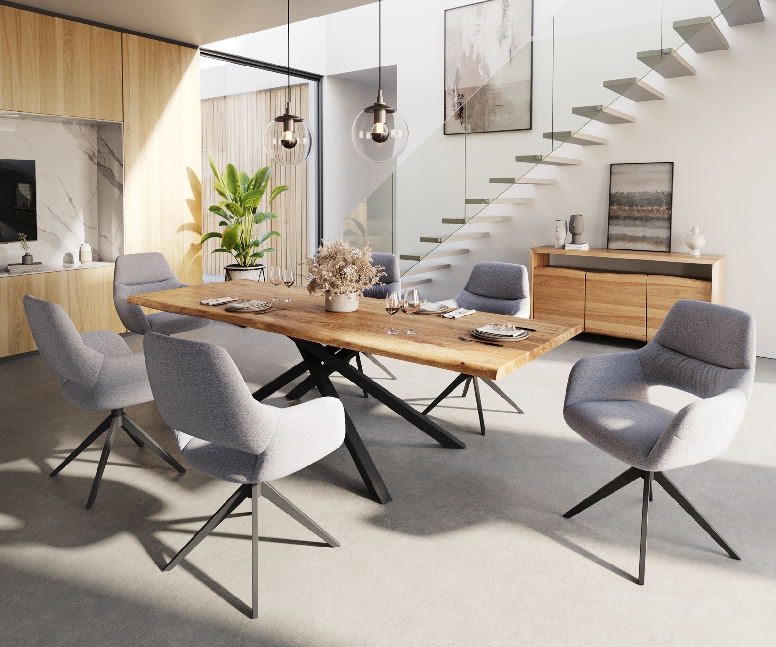 Eetkamerstoel Yago-Flex met armleuning structuurstof lichtgrijs kruisframe breed zwart pocketveer kern 3 Eetkamerstoel Yago-Flex met armleuning structuurstof lichtgrijs kruisframe breed zwart pocketveer kern 3