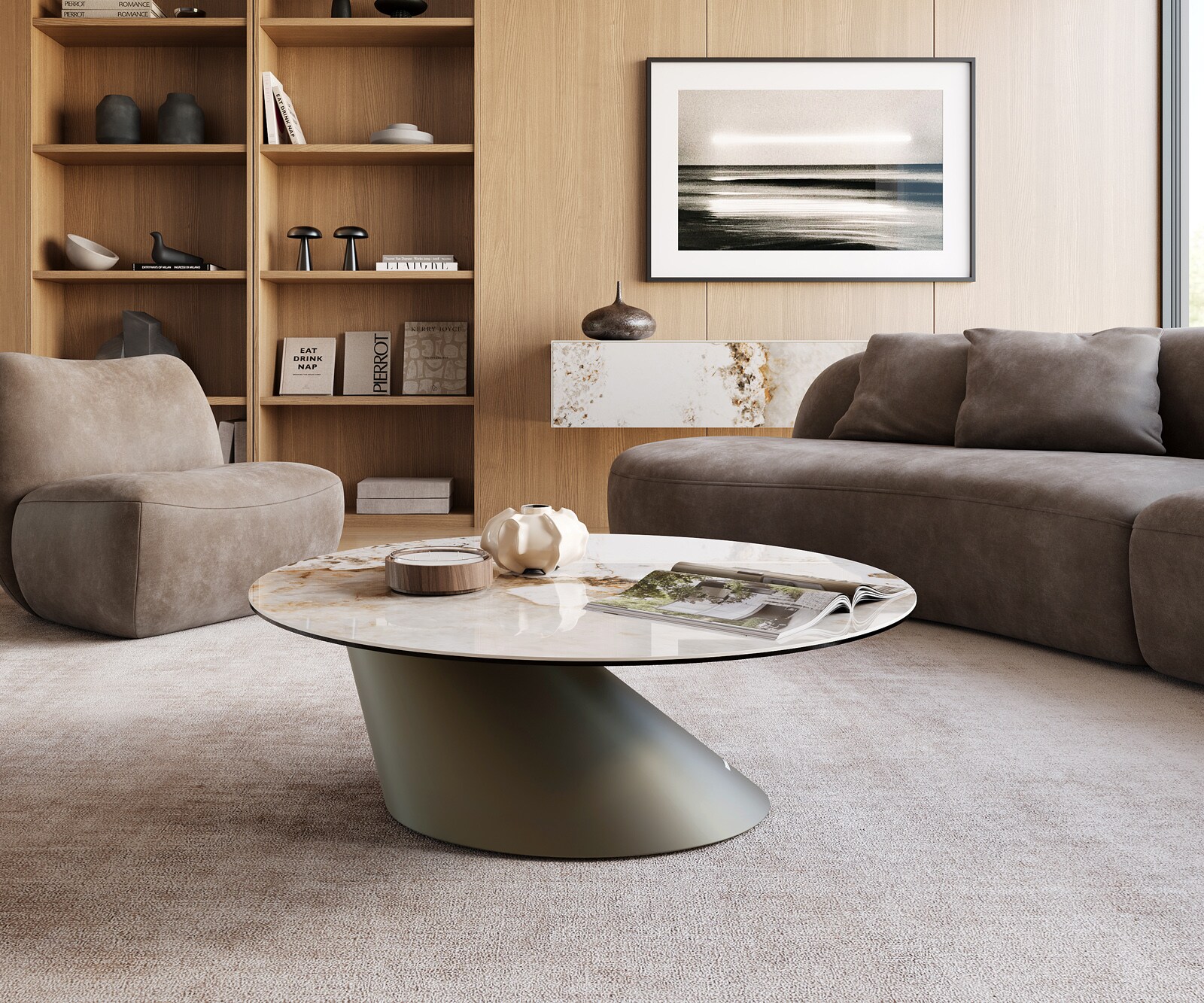 Salontafel Edge rond 100x100 cm keramiek Minas Melange Conis Metall effectafwerking titaan 2