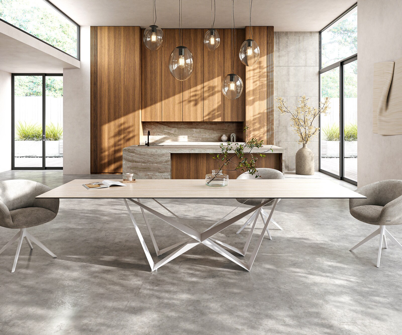 Eettafel Edge 300x100 keramiek  Laminam® Travertino Bianco Creme-wit Spider metaal wit 1