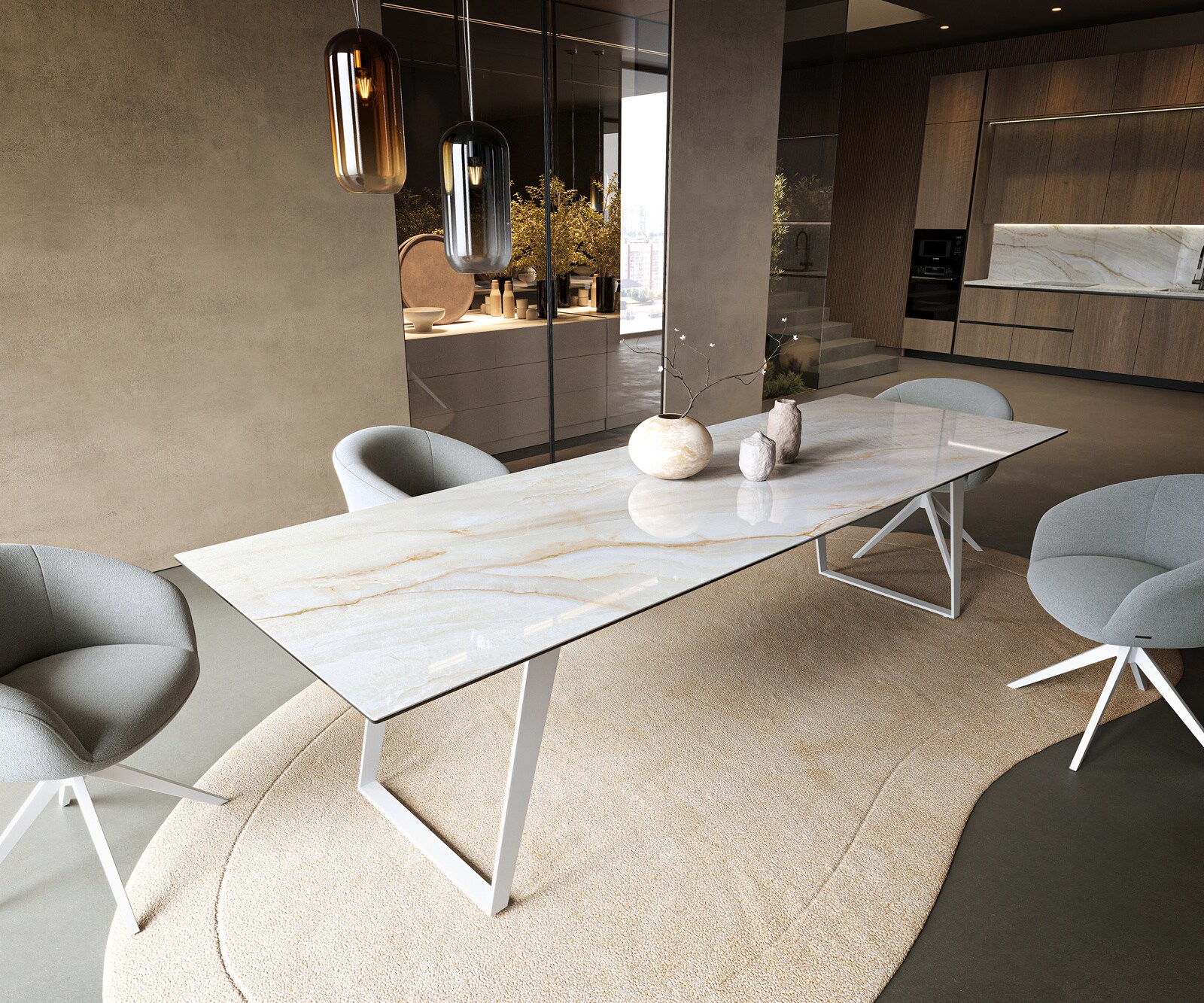 Eettafel Edge 300x100 cm keramiek Onyx Pearl schuin onderstel metaal wit