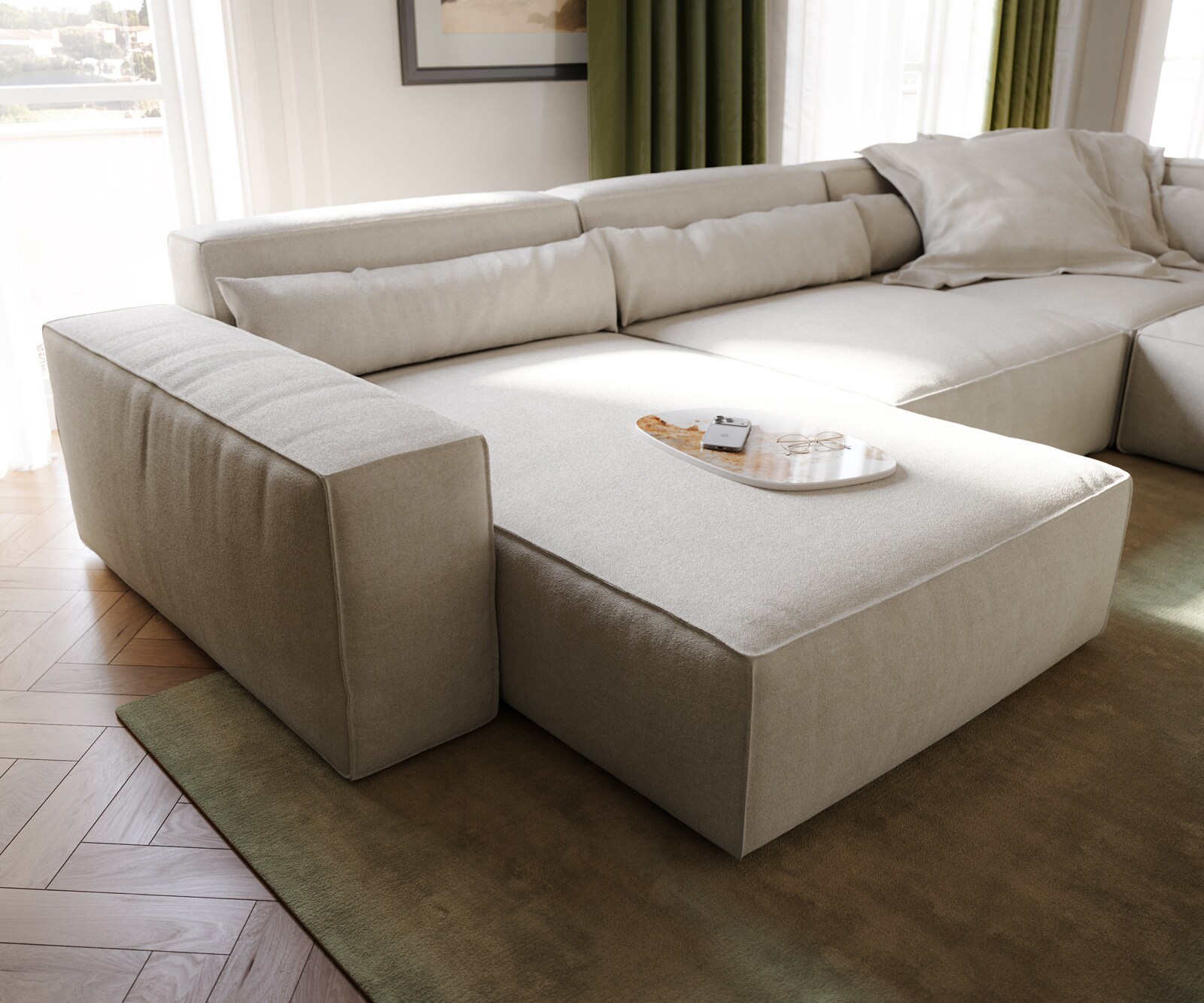 Hoekbank Sirpio XL 360x260 cm Zachte structuurstof Beige Chaise longue variabel 5