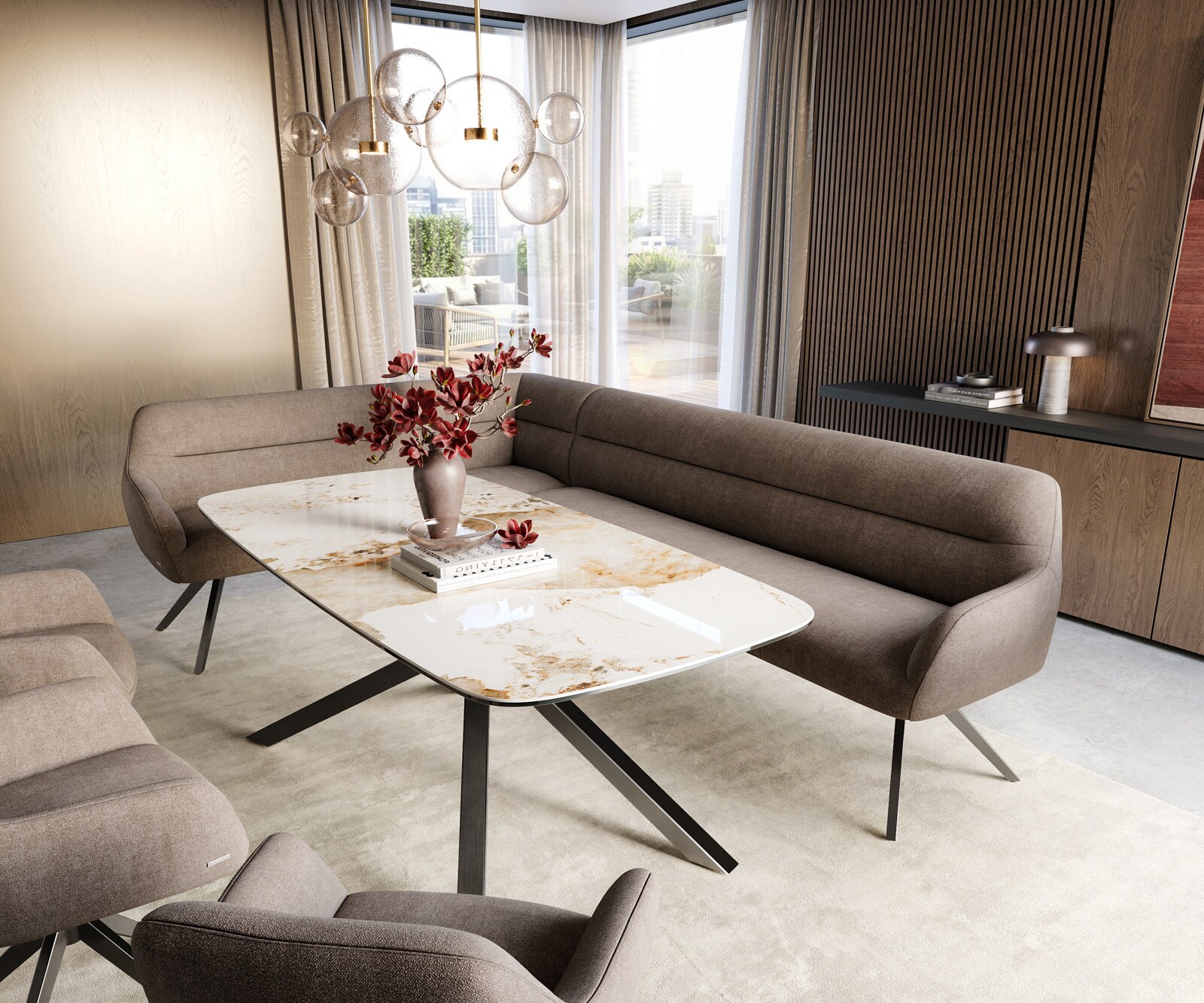 Eetkamerbank Taya-Flex 285x190 cm zachte stof met structuur taupe hoekig kruisframe grafiet pocketvering rechts 1