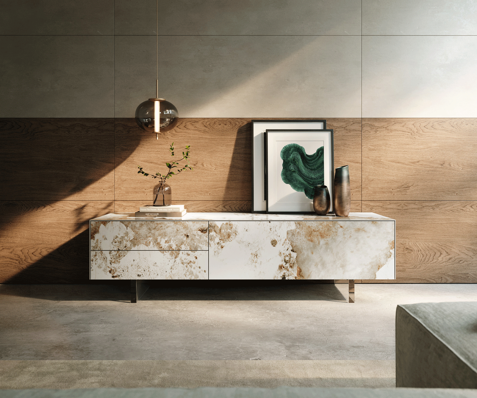 Tv-meubel Cuor 180 cm Keramiek Minas Melange Wit-beige 1 Flap 2 Laden Zwevende voet look Acrylglas 1