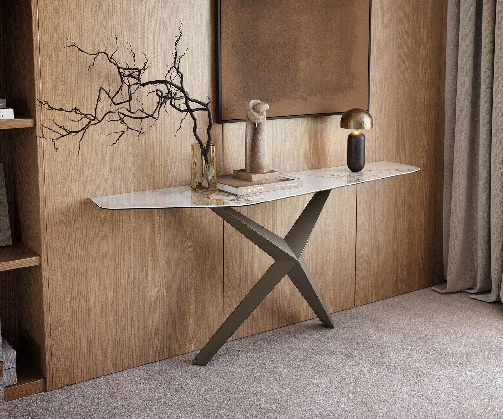 Consoletafel Edge Polygonaal 180x50 cm Keramiek Minas Melange Weiß-Beige Zentharo Metaal Effektfinish Titan 4