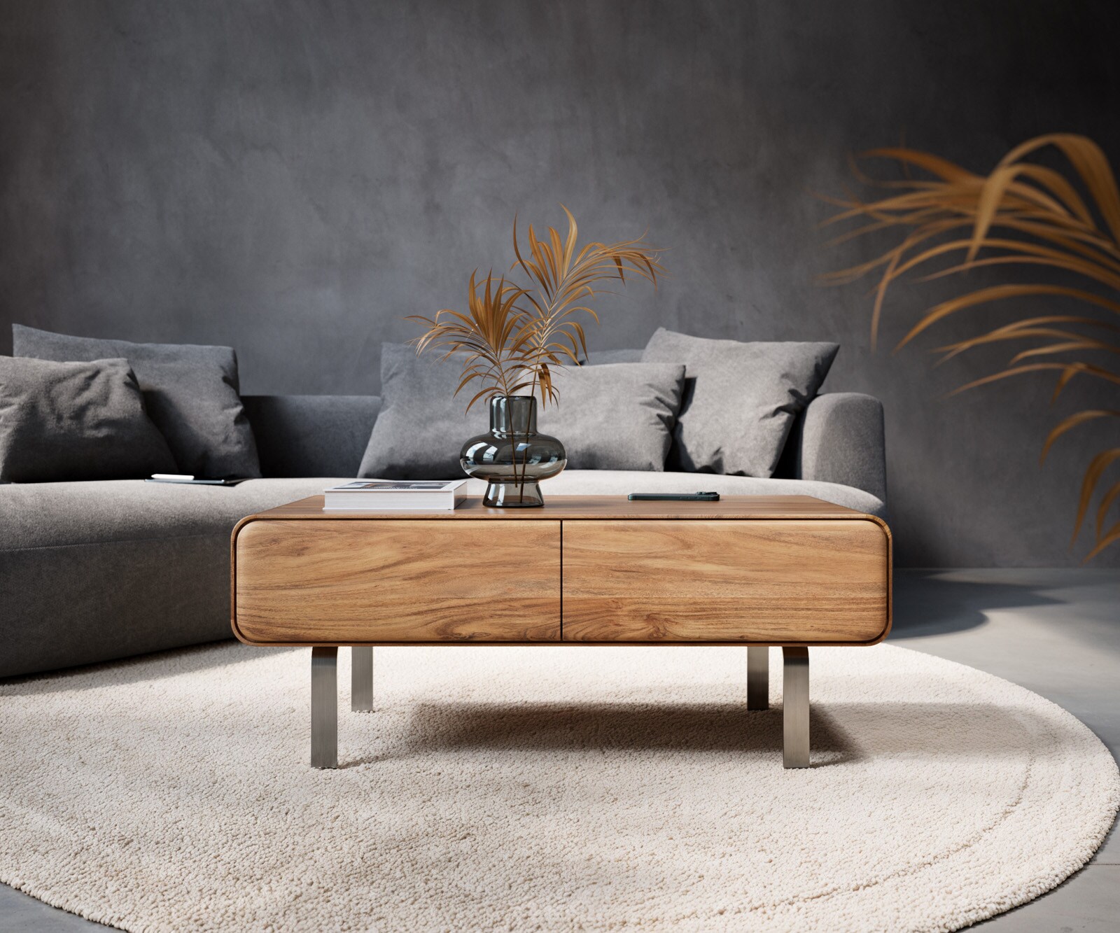 Salontafel Anaya 100x50 cm natuur acacia 2 laden L-poot roestvrij staal 1