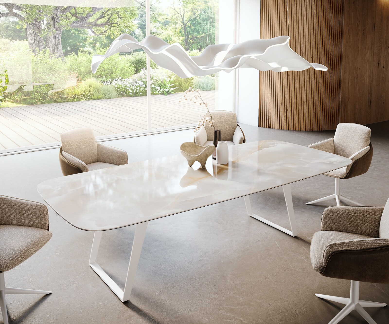 Eetkamertafel Edge Boot 270x120 cm Keramiek Iris FMG Onice Grigio Metaal Schuin Wit 1