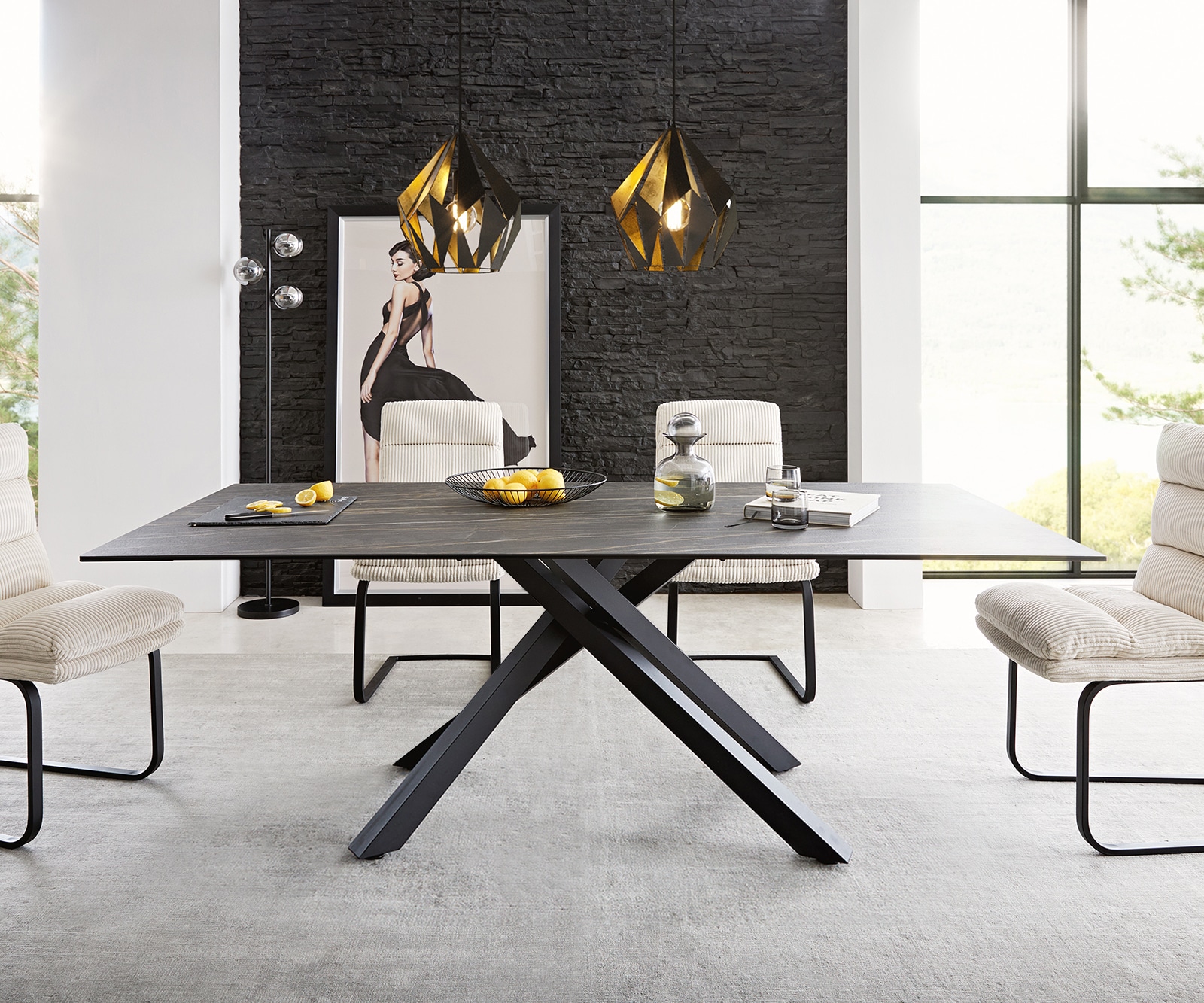 Eettafel Edge 200x100cm Laminam® keramiek bruin middenpoot kruis zwart 9