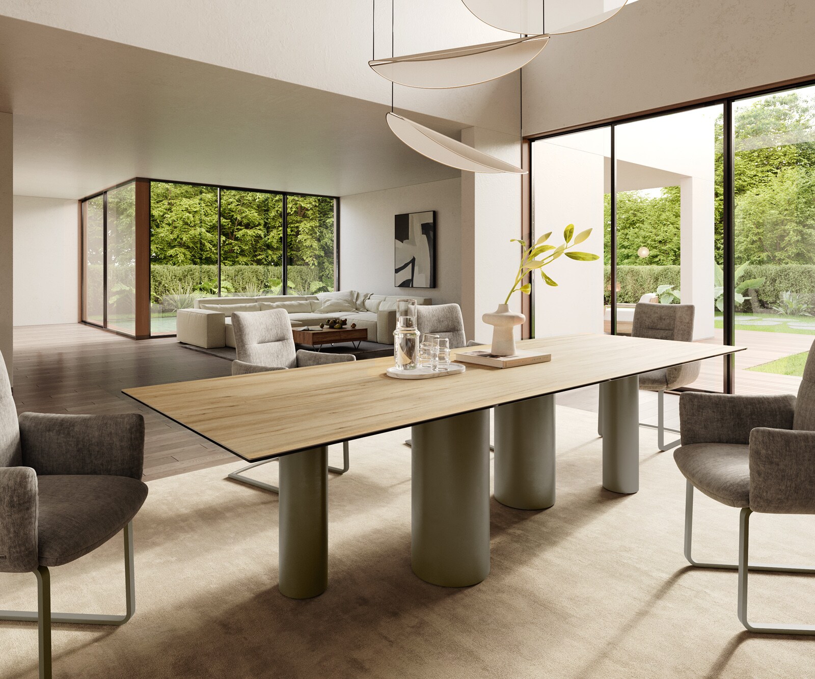 Eetkamertafel Edge 300x100 keramiek Laminam® Sabbia eiken kleur Pilier metaal effectafwerking titaan