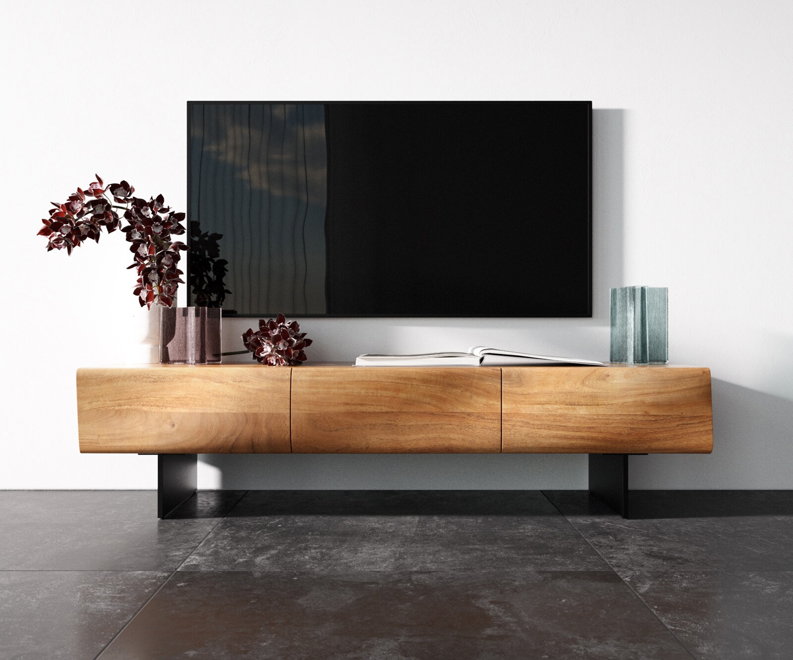TV-meubel New Live-Edge 145 cm acacia natuur 3 deuren zwevende poot metaal zwart 3
