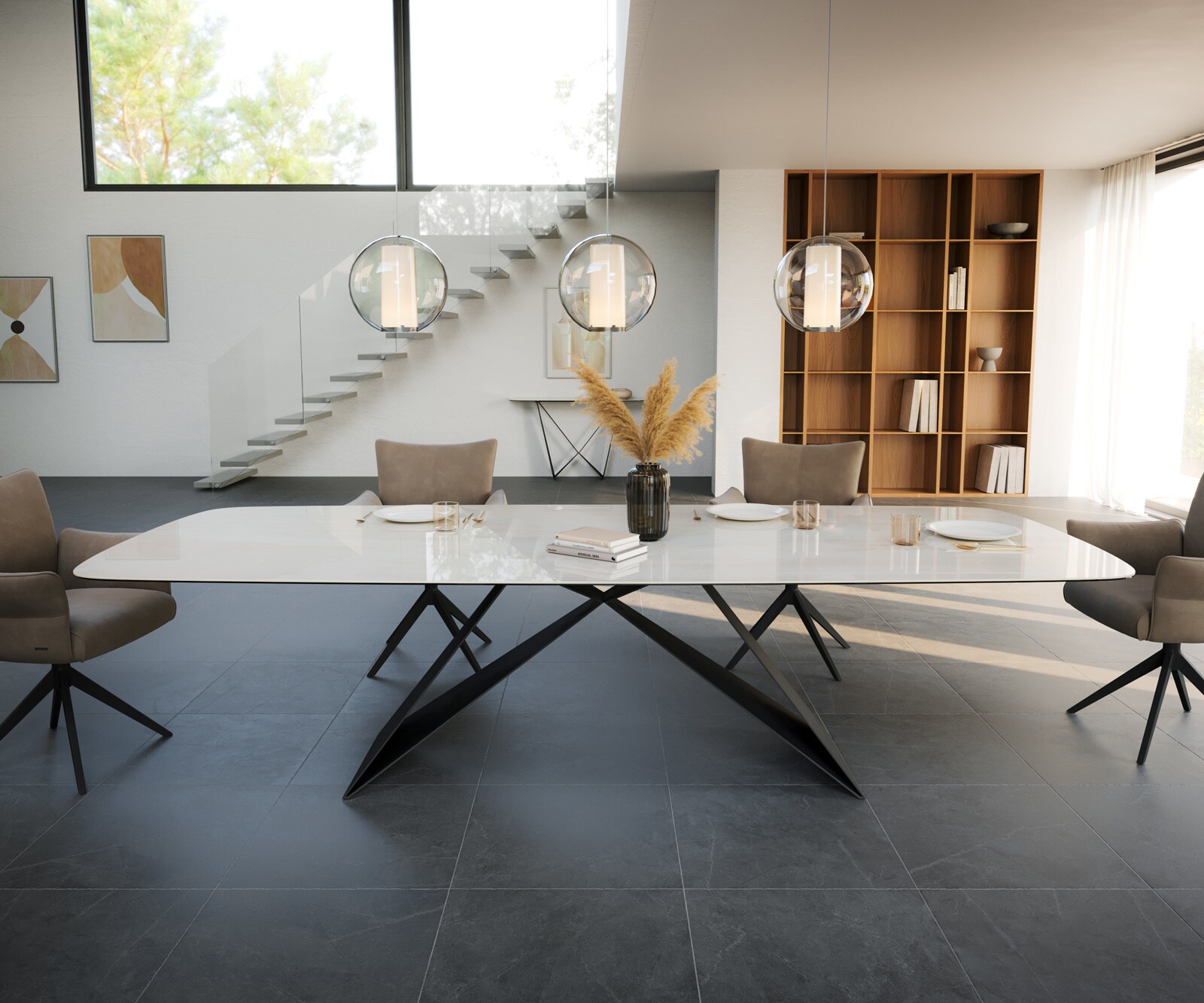 Eettafel Edge Boot 300x120 cm Keramiek Onyx Champagne V-onderstel Platstaal Zwart 2