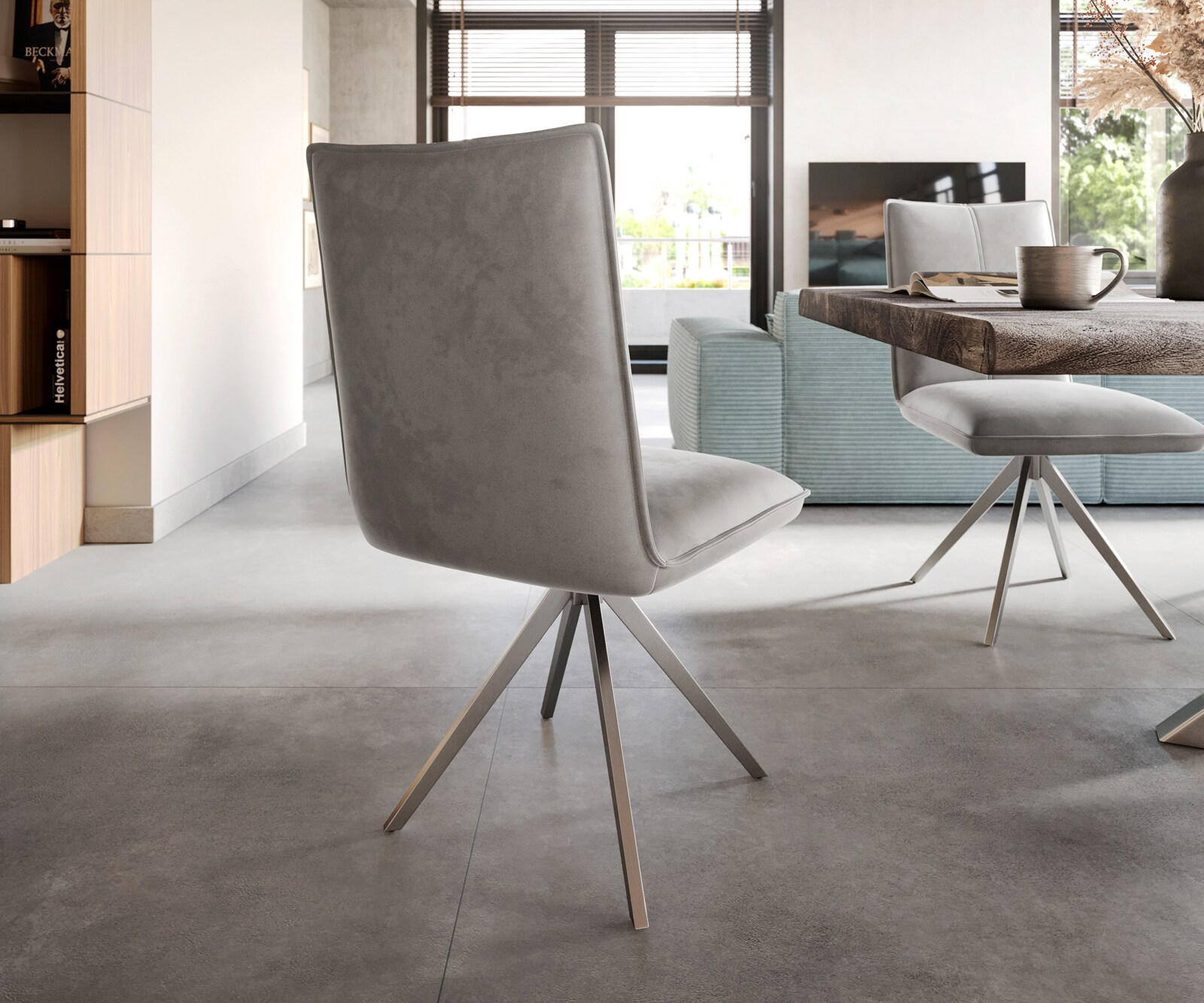 Eetkamerstoel Lelio-Flex fluweel grijs kruisframe breed roestvrij staal pocketveer kern 5