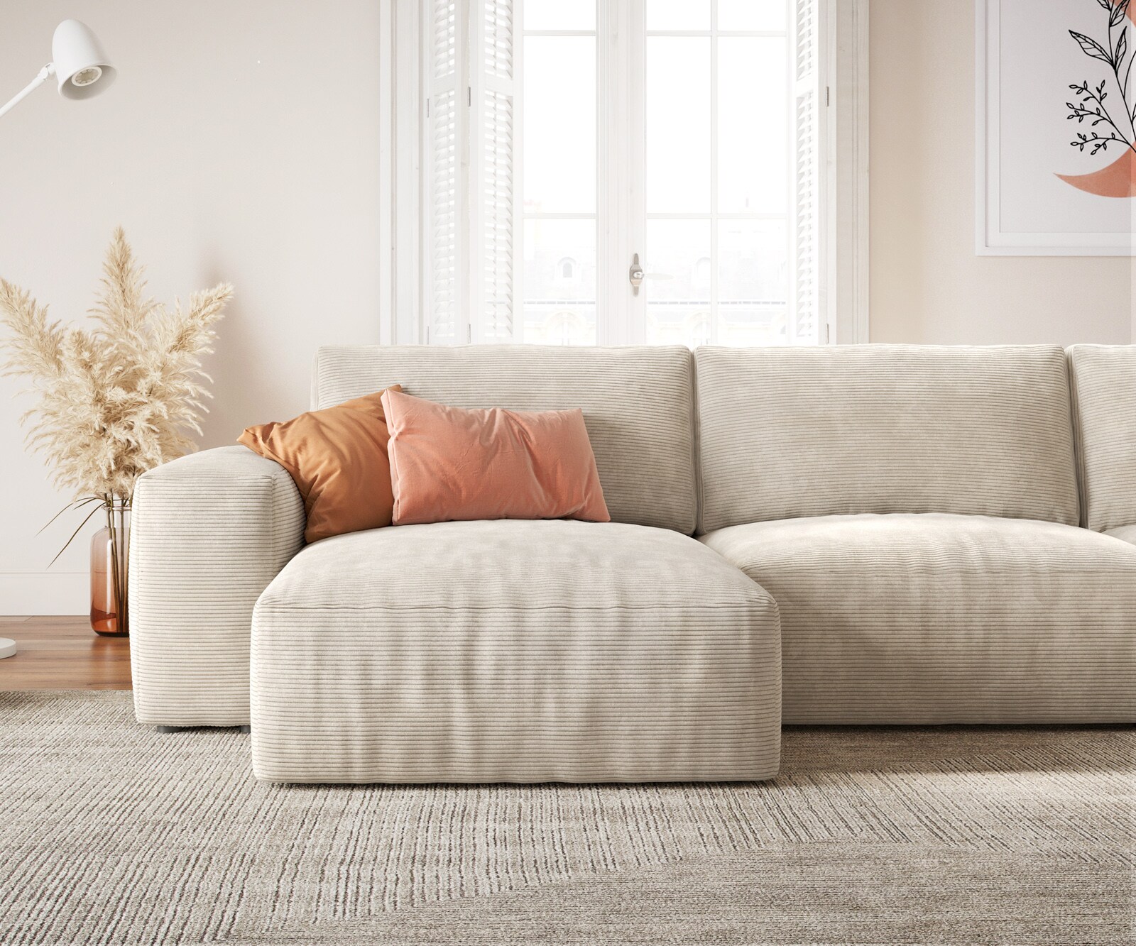 Woonlandschap Lanzo 300x210 cm ribcord beige met variabele recamière en hocker 4