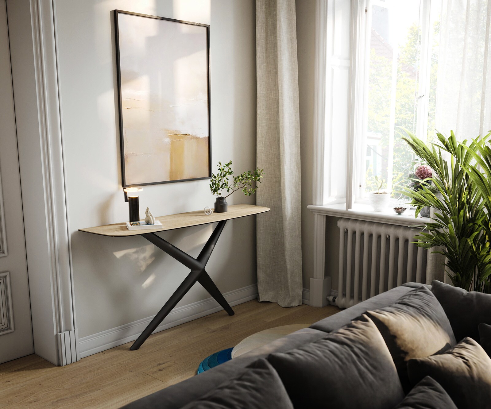 Consoletafel Edge Bootvorm 140x40 cm Keramiek Laminam® Sabbia Eichefarbig Estelo Metaal Zwart 7