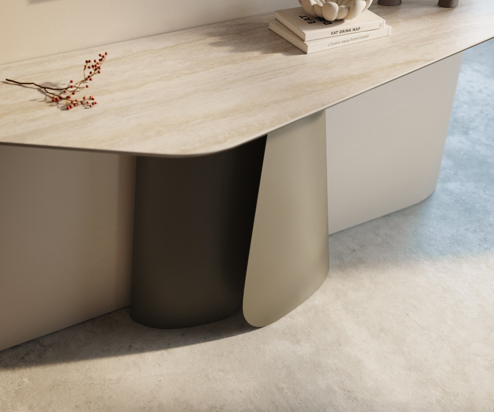 Consoletafel Edge Polygonaal 140x50 cm Keramiek Laminam® Travertino Bianco Creme-Weiß Livos Metaal Effektfinish Titan 6