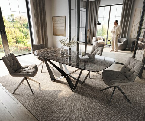Eettafel Edge Boot 180-220x100 cm Keramiek Emperador Extra Lucidato Donkerbruin Spider Platstaal Roestvrij staal Grafiet uitschuifbaar