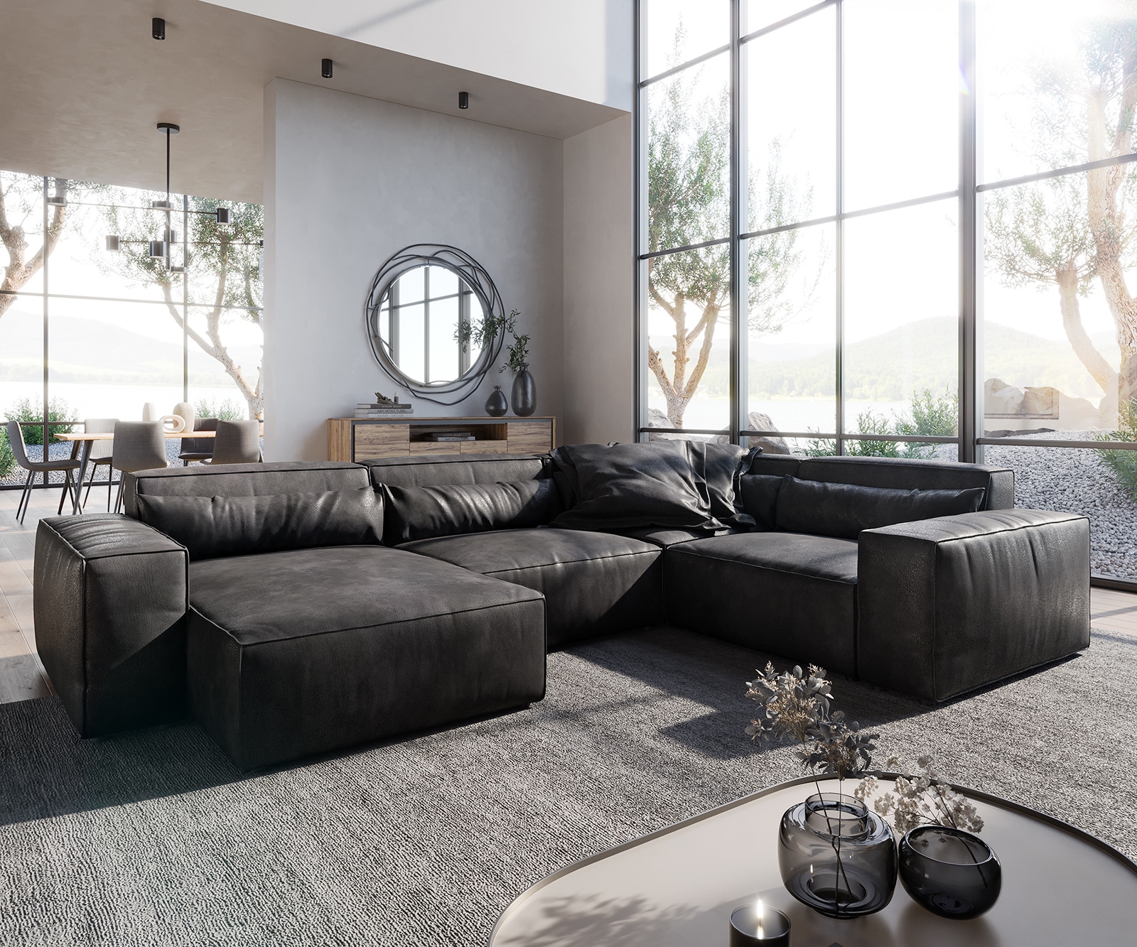 Woonkamerlandschap Sirpio 300x210 cm kunstleer vintage antraciet recamiere variabele Woonkamerlandschap Sirpio 300x210 cm kunstleer vintage antraciet recamiere variabele