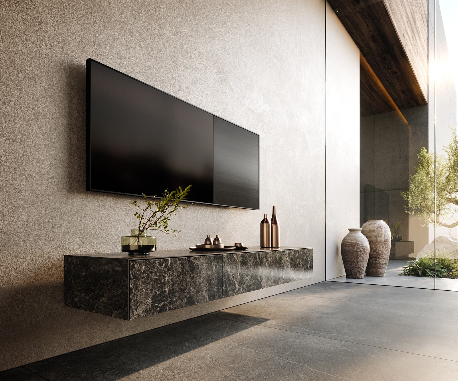 Tv-meubel Cuor 150 cm Keramiek Laminam® Emperador Extra Lucidato Donkerbruin 1 Flap 1 Lade Zwevend
