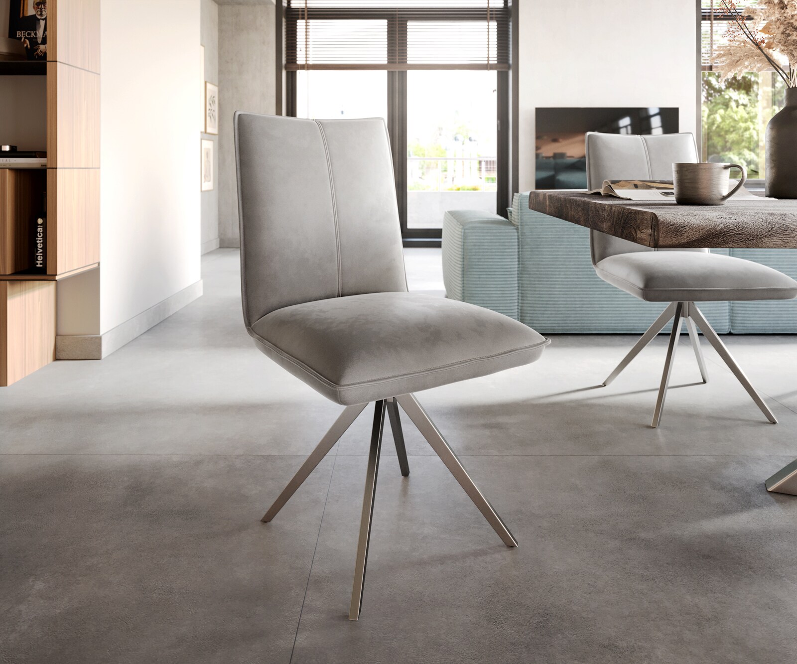 Eetkamerstoel Lelio-Flex fluweel grijs kruisframe breed roestvrij staal pocketveer kern 1