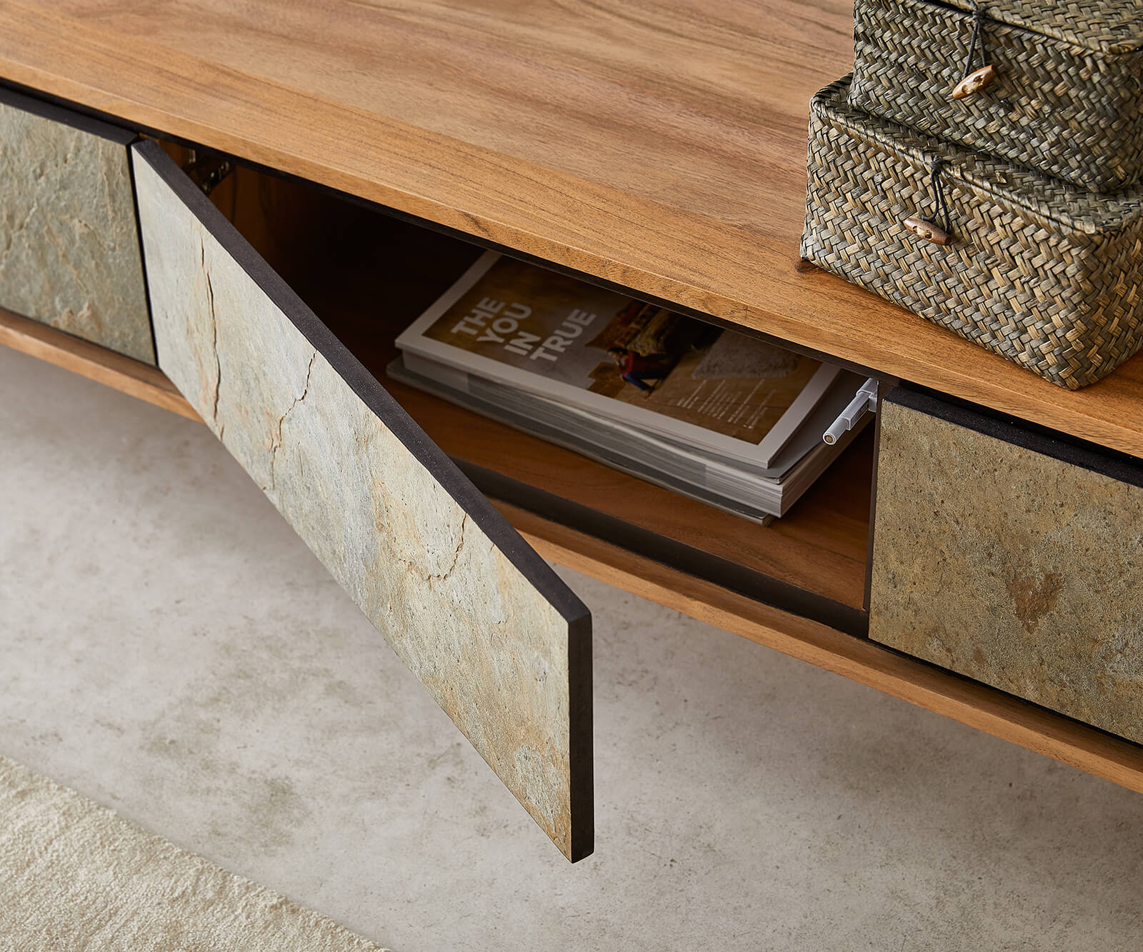 Tv-meubel Juwelo 220 cm acacia natuur steen fineer metaal zwart 4