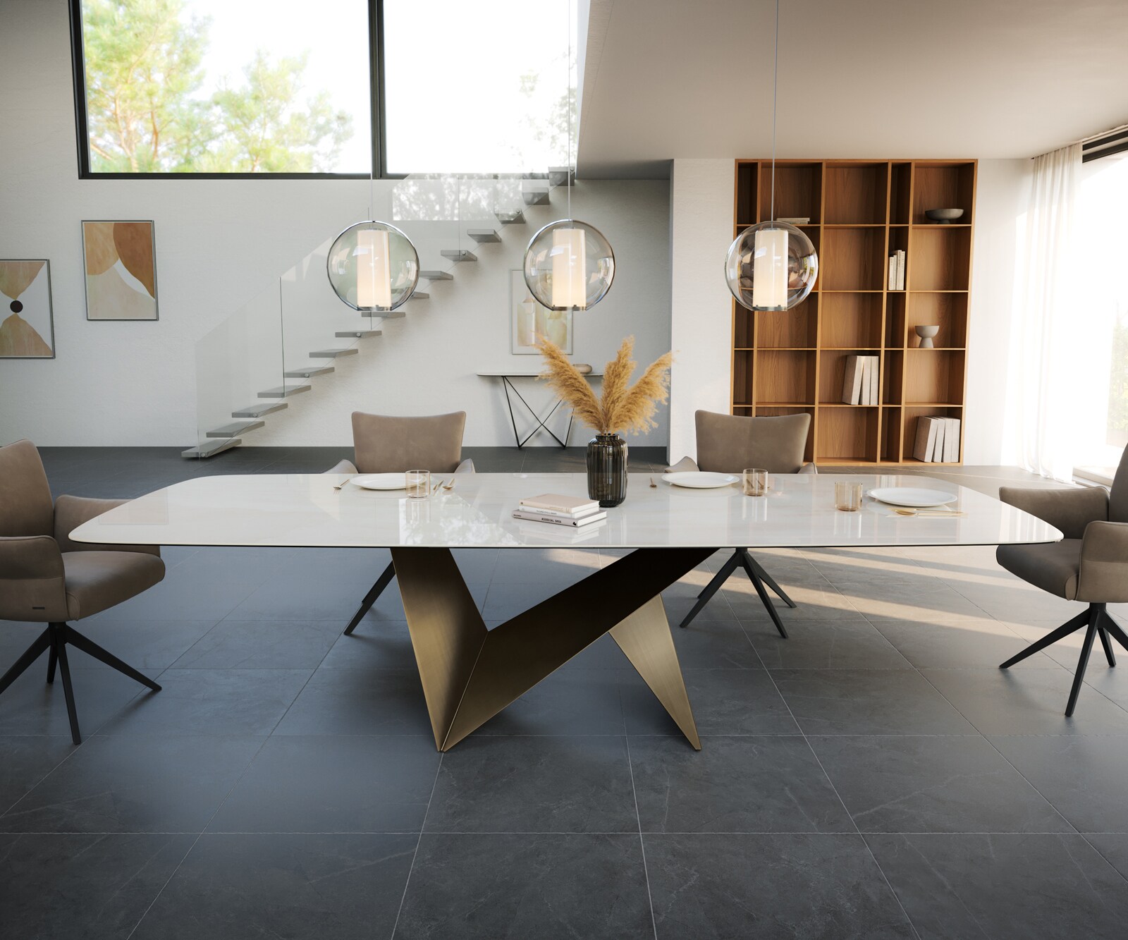 Eettafel Edge Boot 300x120 cm Keramiek Onyx Champagne Origami Metaalic Goud 2