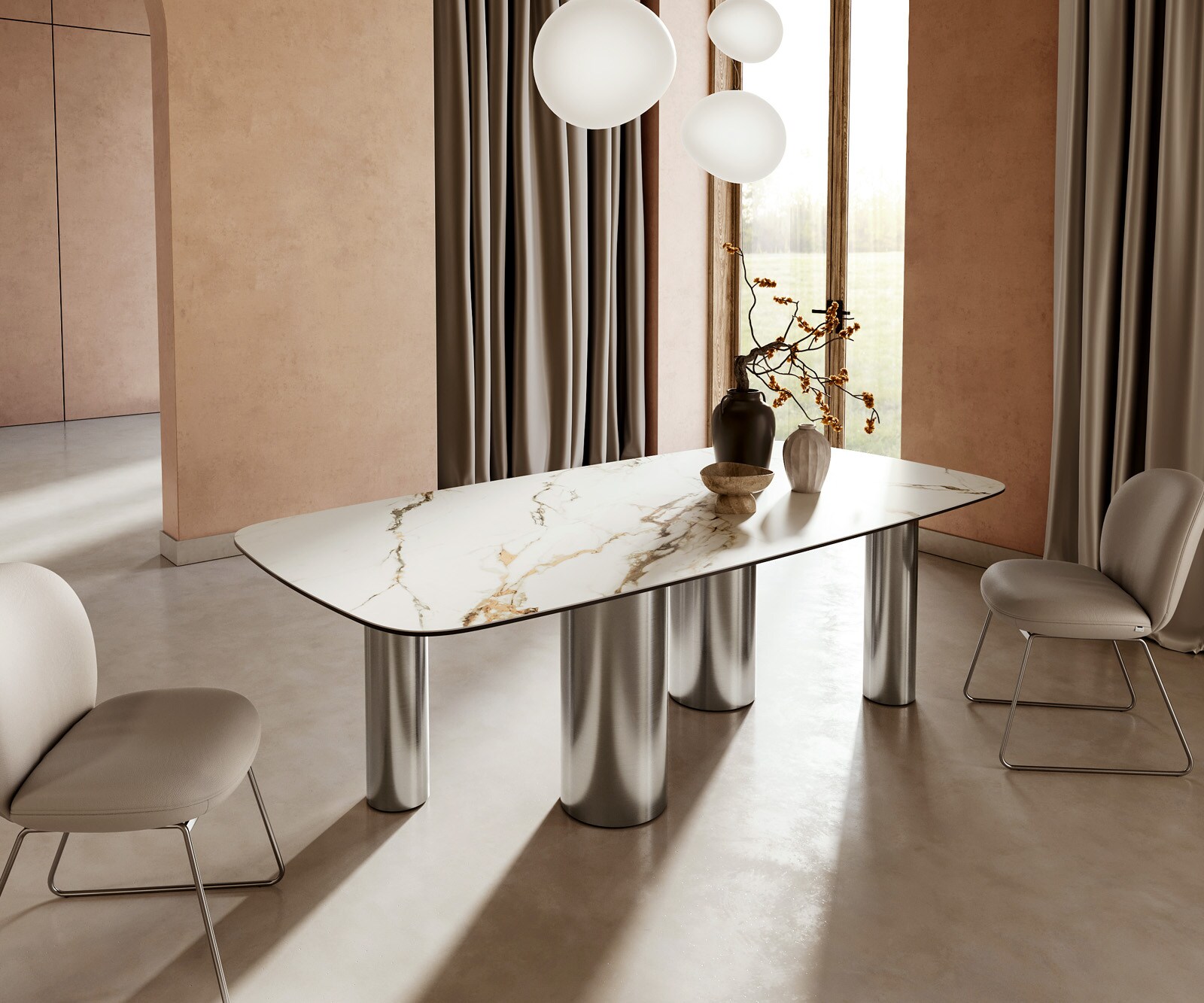 Eettafel Edge boot 240x120cm keramiek Calacatta Luxe wit-goud-grijs pilier roestvrij staal 1 Eettafel Edge boot 240x120cm keramiek Calacatta Luxe wit-goud-grijs pilier roestvrij staal 1