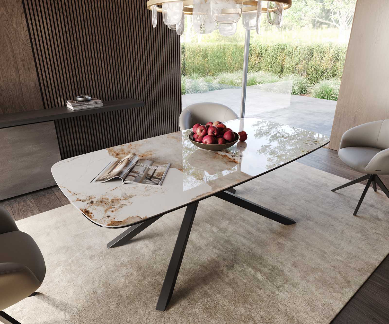 Eetkamertafel Edge Boot 200x100 keramiek Minas Melange wit-beige kruisframe rechthoek zwart Eetkamertafel Edge Boot 200x100 keramiek Minas Melange wit-beige kruisframe rechthoek zwart