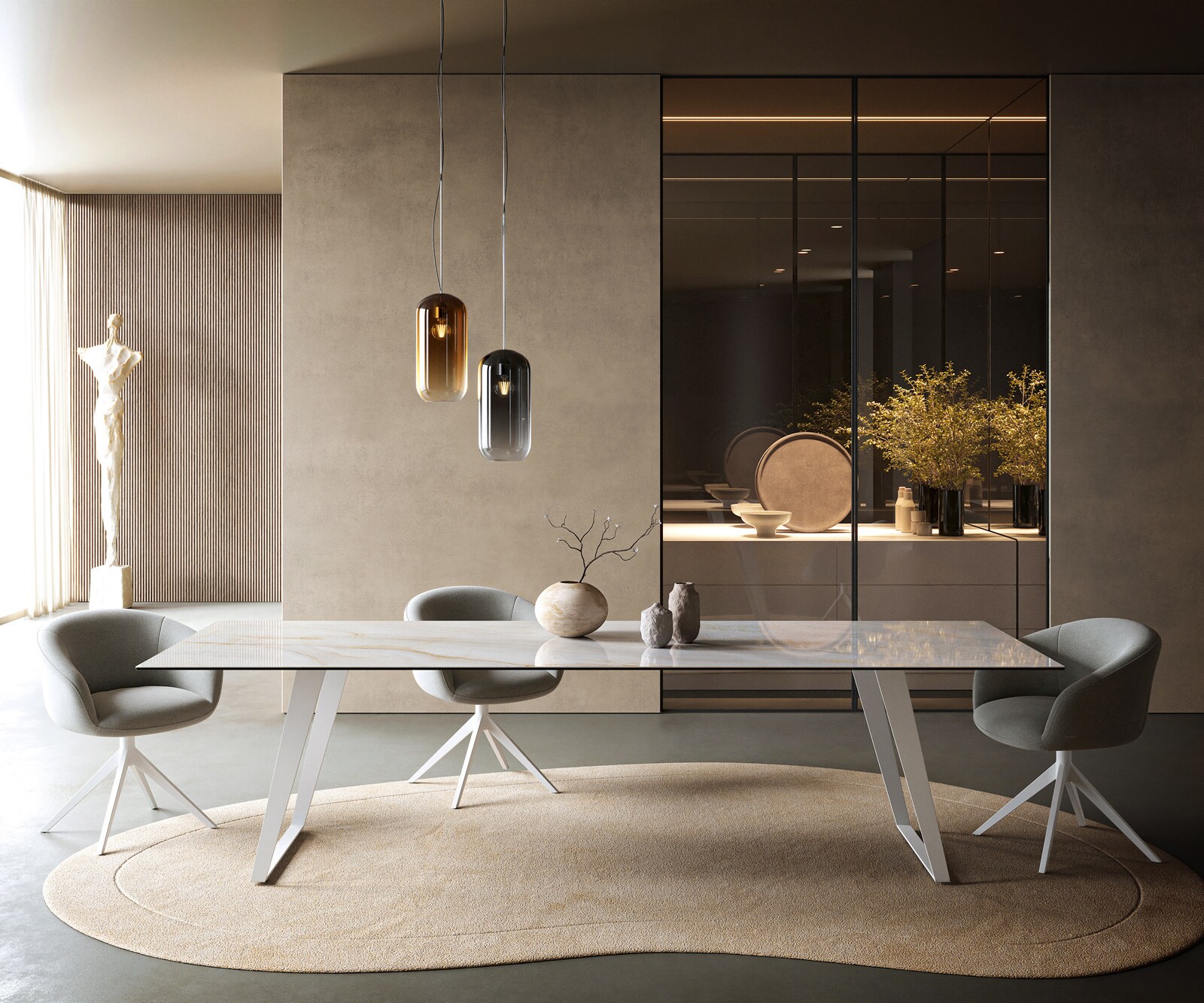 Eettafel Edge 300x100 cm keramiek Onyx Pearl schuin onderstel metaal wit 1