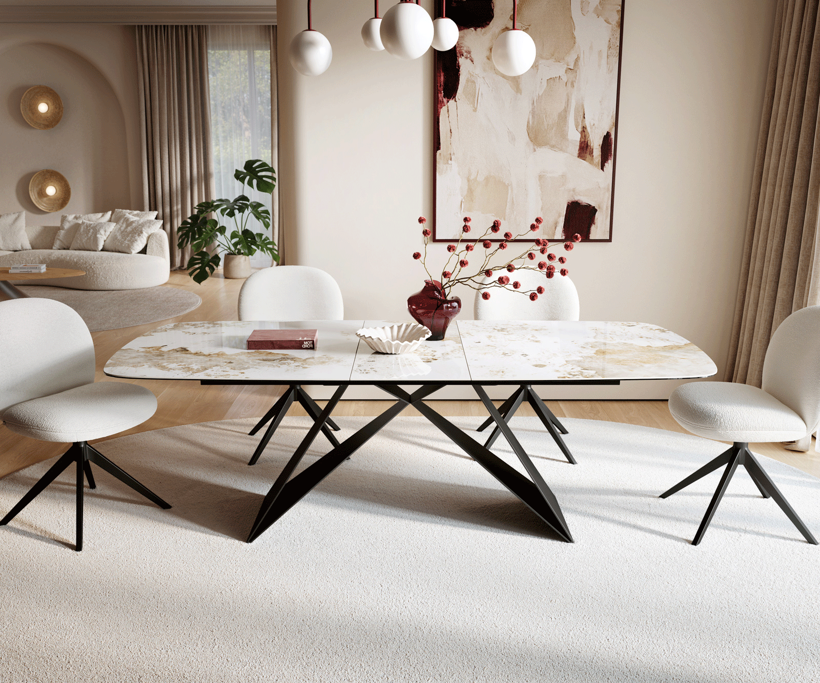 Eettafel Edge Boot 180-220x100 cm Keramiek Minas Melange Wit-Beige V-onderstel Flachstahl Zwart uitschuifbaar 2