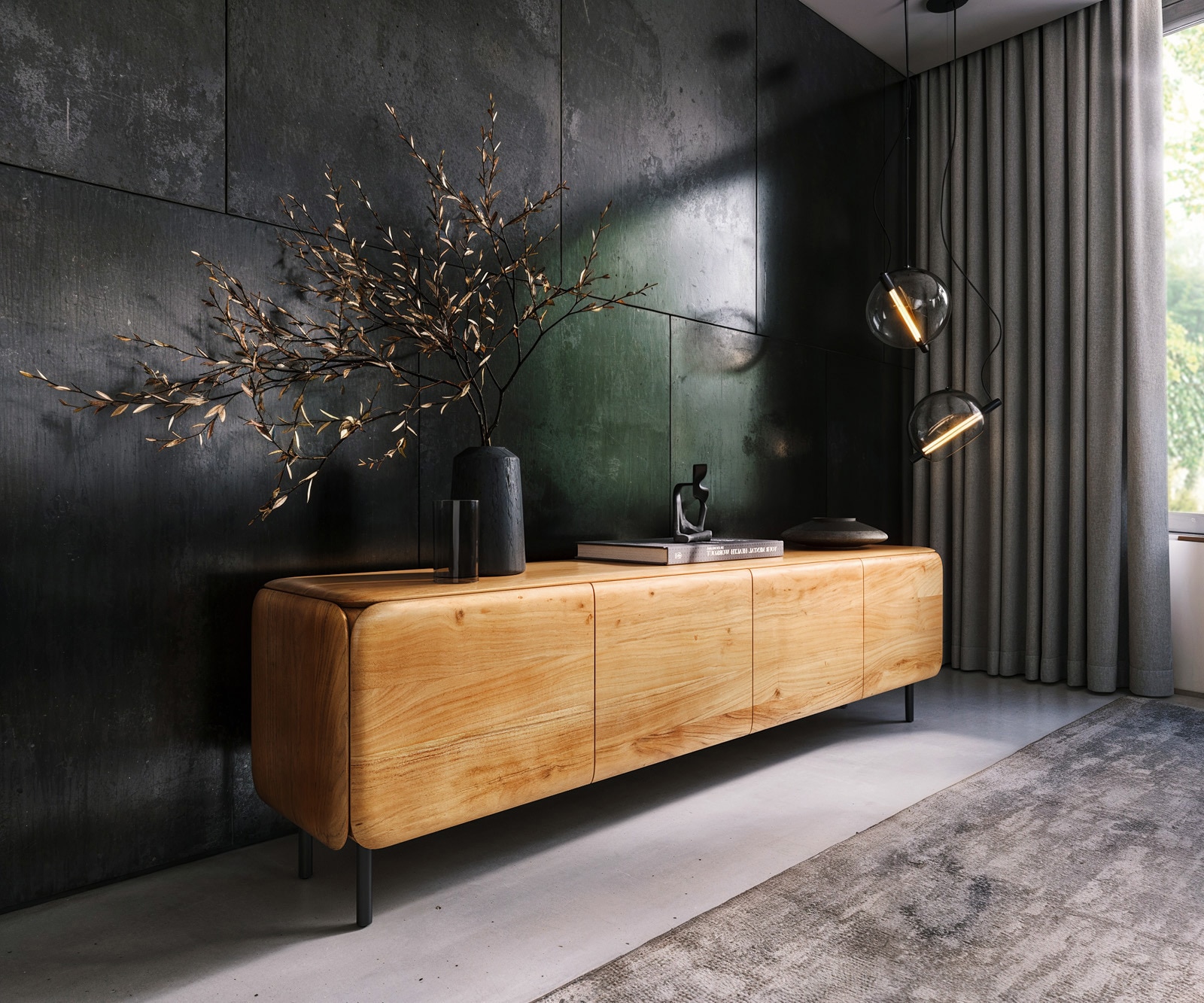 TV-meubel Shavani 200 cm acacia natuur 4 deuren ronde voet metaal zwart TV-meubel Shavani 200 cm acacia natuur 4 deuren ronde voet metaal zwart