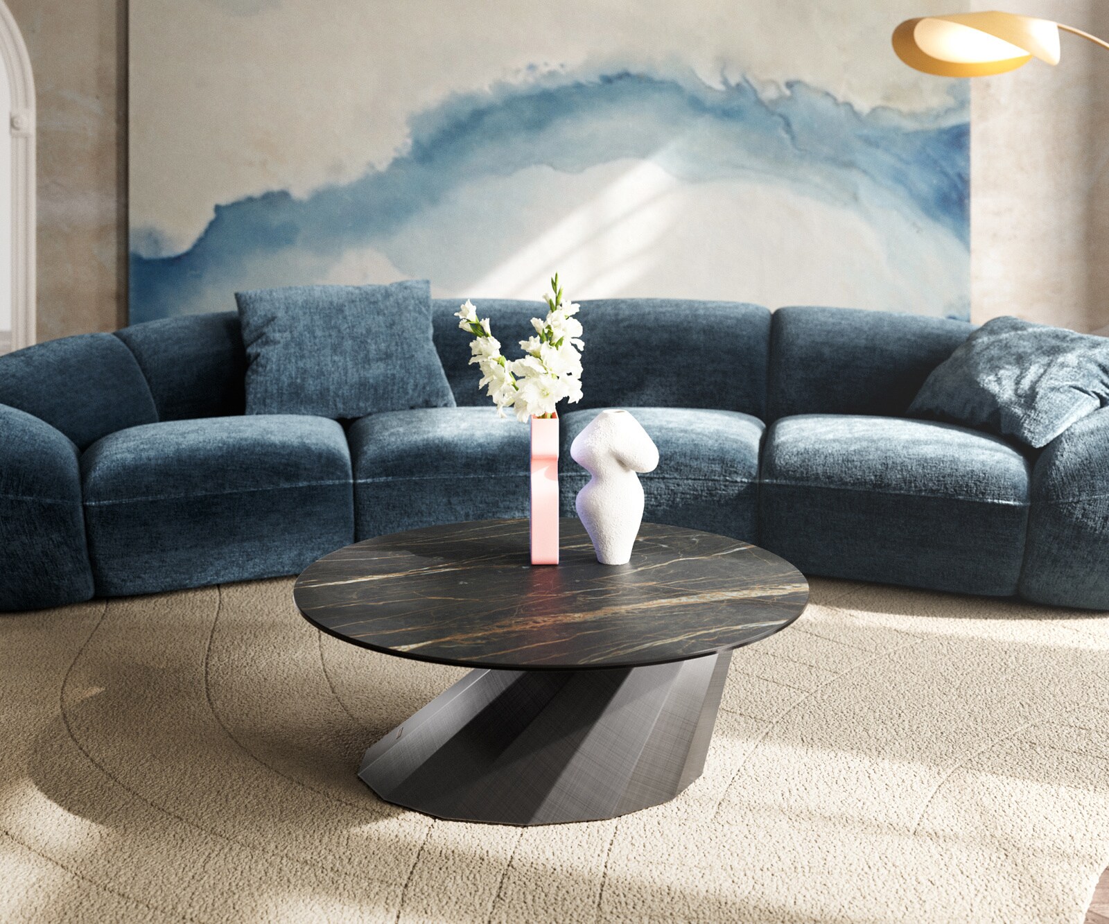 Salontafel Edge rond 90x90 cm keramiek Laminam® Noir Desir bruin Parabi metallic zilver 2