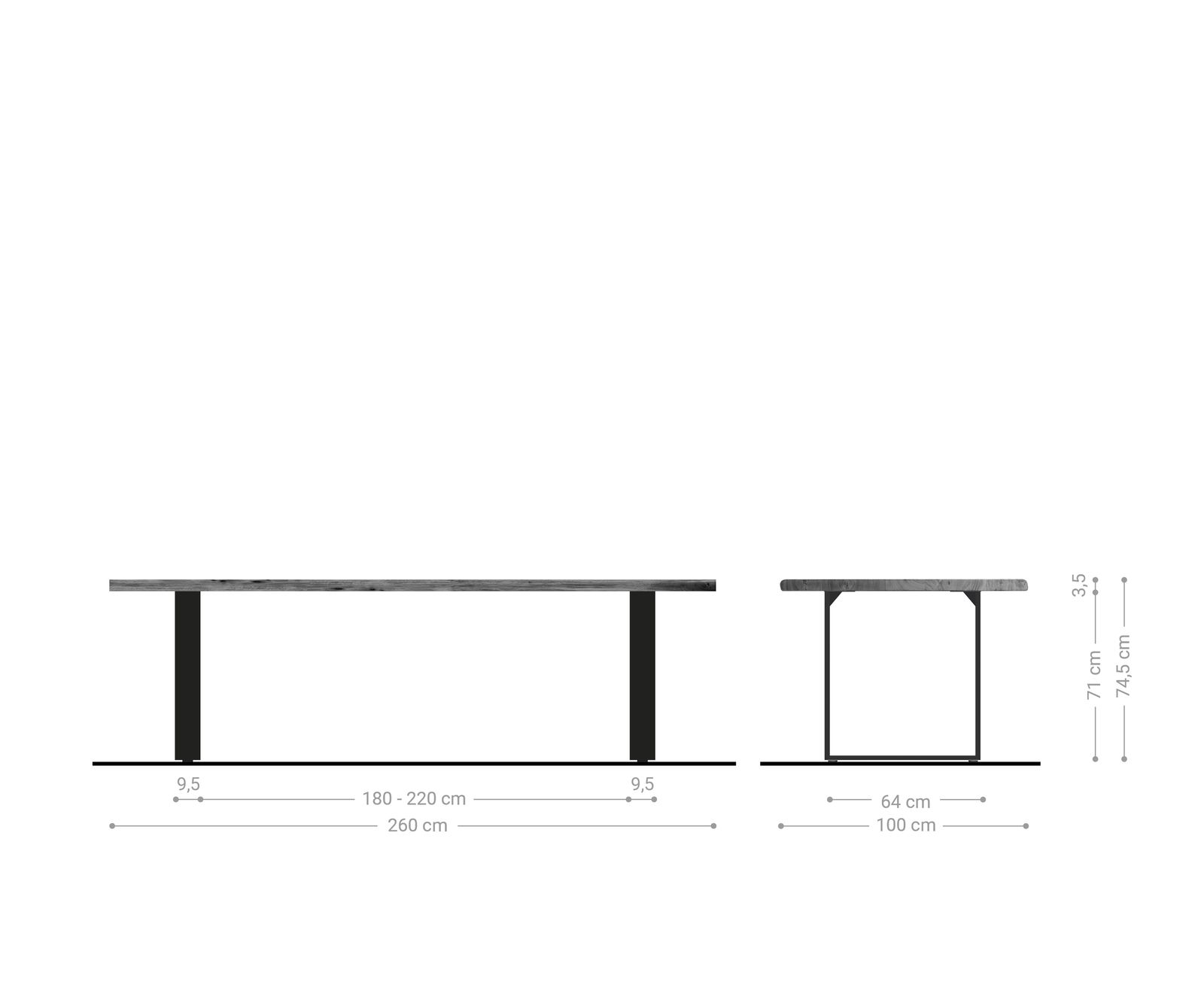 Eettafel Edge 260x100 acacia platina roestvrijstaal smal Live-Edge 6
