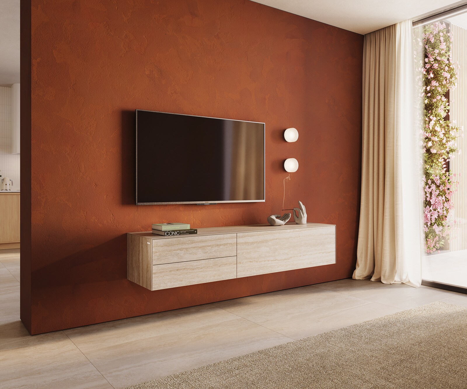Tv-meubel Cuor 180 cm Keramiek Laminam® Travertino Bianco Crème-wit 1 Flap 2 Laden Zwevend 1