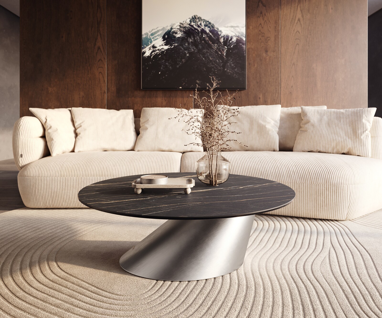 Salontafel Edge rond 100x100 cm keramiek Laminam® Noir Desir bruin Conis geborsteld roestvrij staal 6