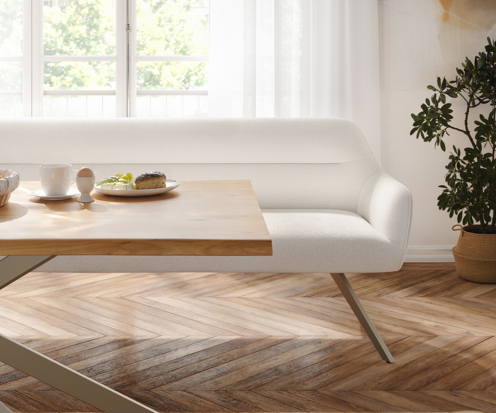 Eetkamerbank Taya-Flex 200 cm bouclé crème-wit hoekig kruisframe afwerking met titaniumeffect pocketvering 3